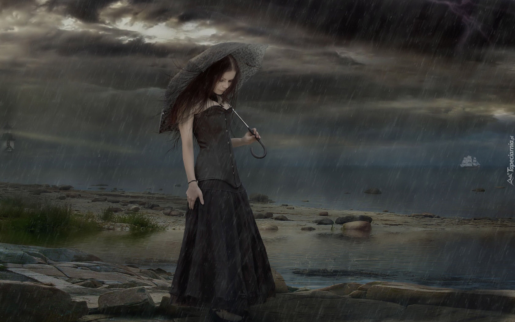 Kobieta, Parasol, Deszcz