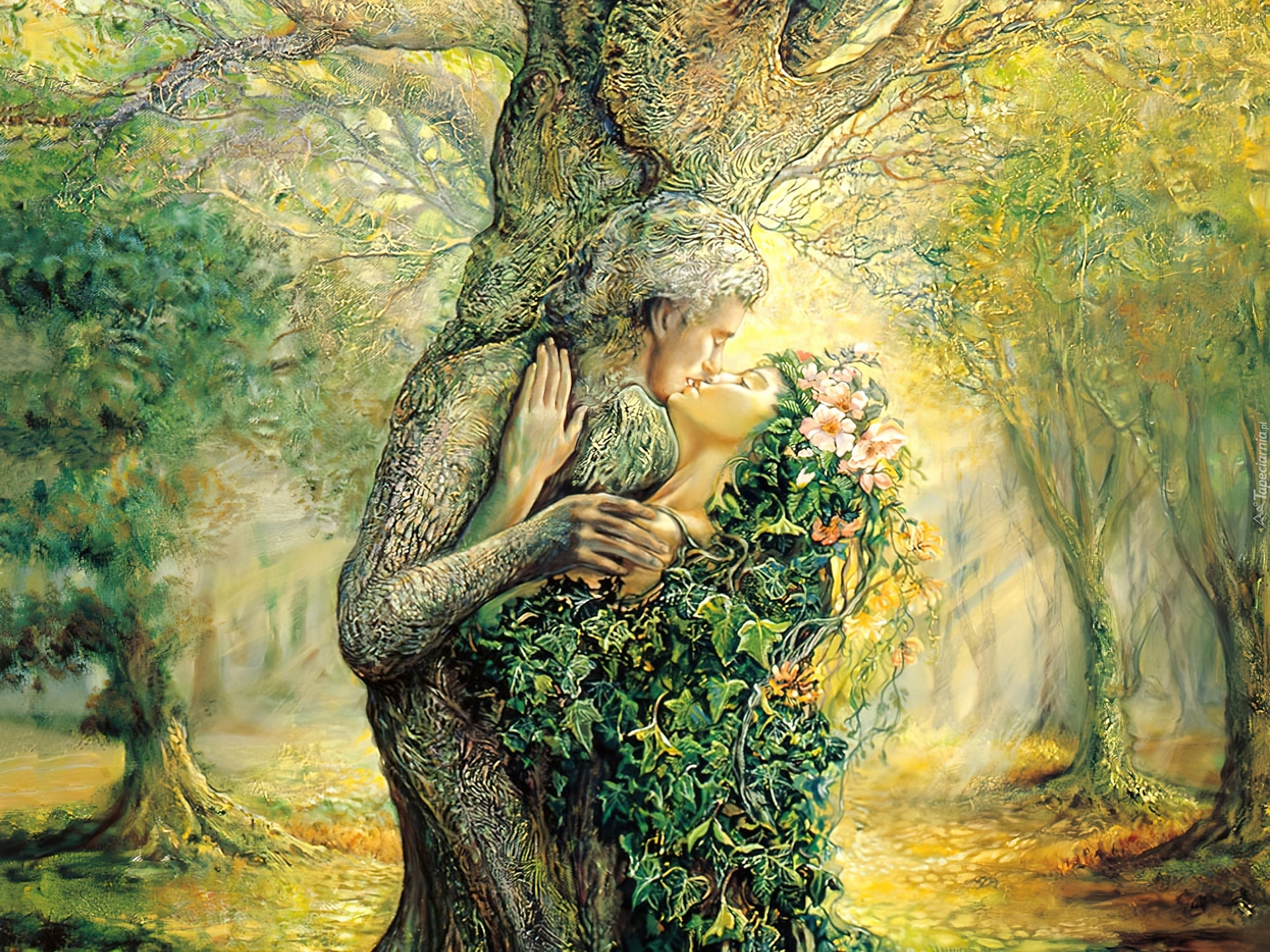 Wiosna, Kobieta, Mężczyzna, Drzewa, Pocałunek, Josephine Wall