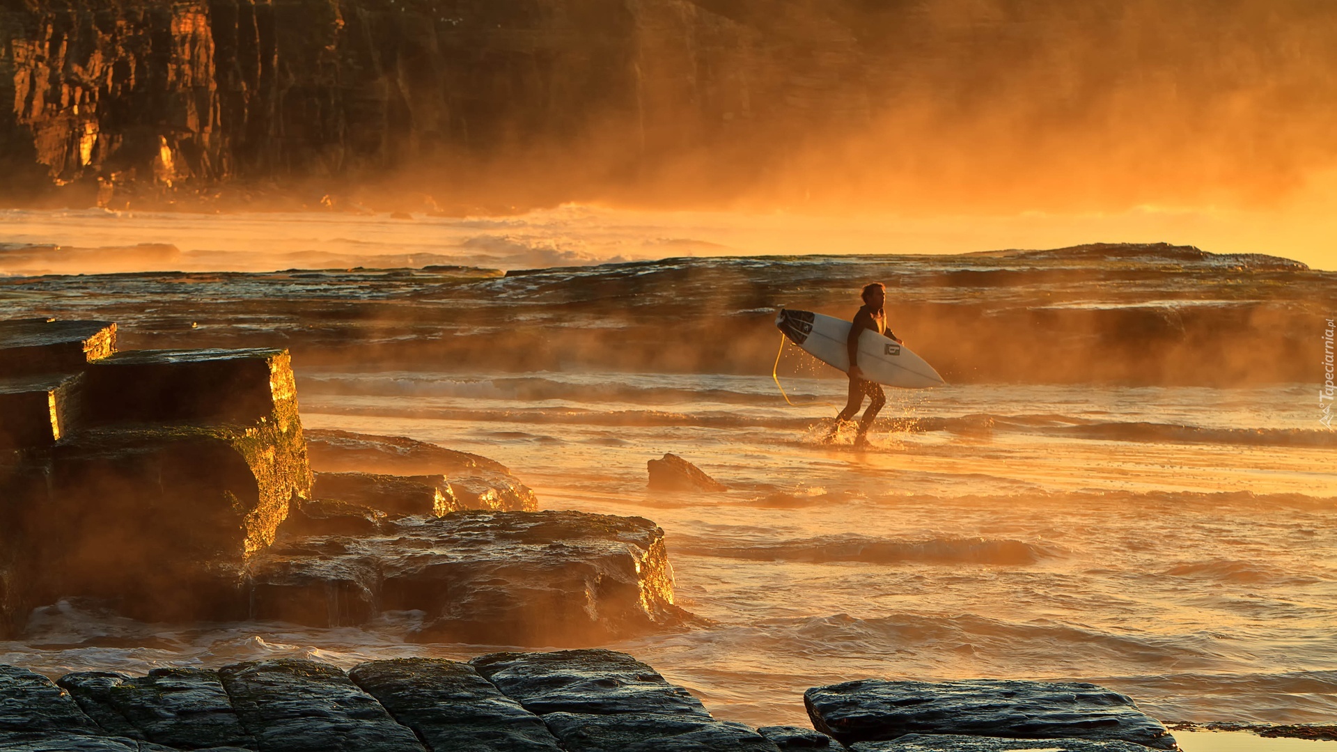 Morze, Skały, Zachód, Słońca, Surfing