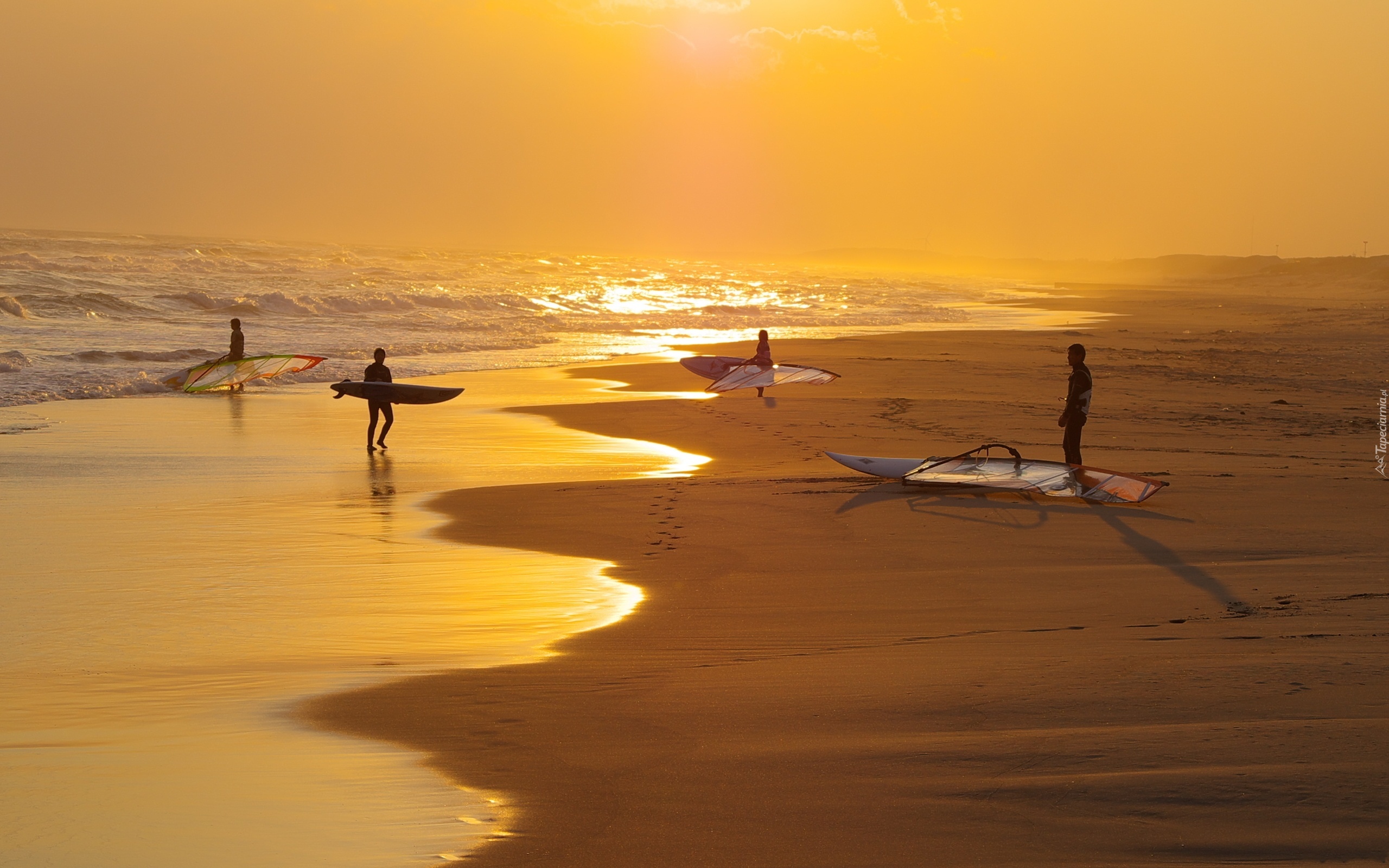 Plaża, Zachód, Słońca, Windsurfing