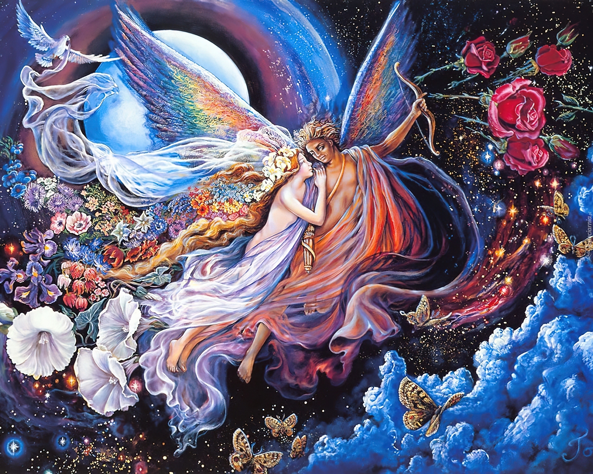 Kobieta, Mężczyzna, Łuk, Kwiaty, Josephine Wall