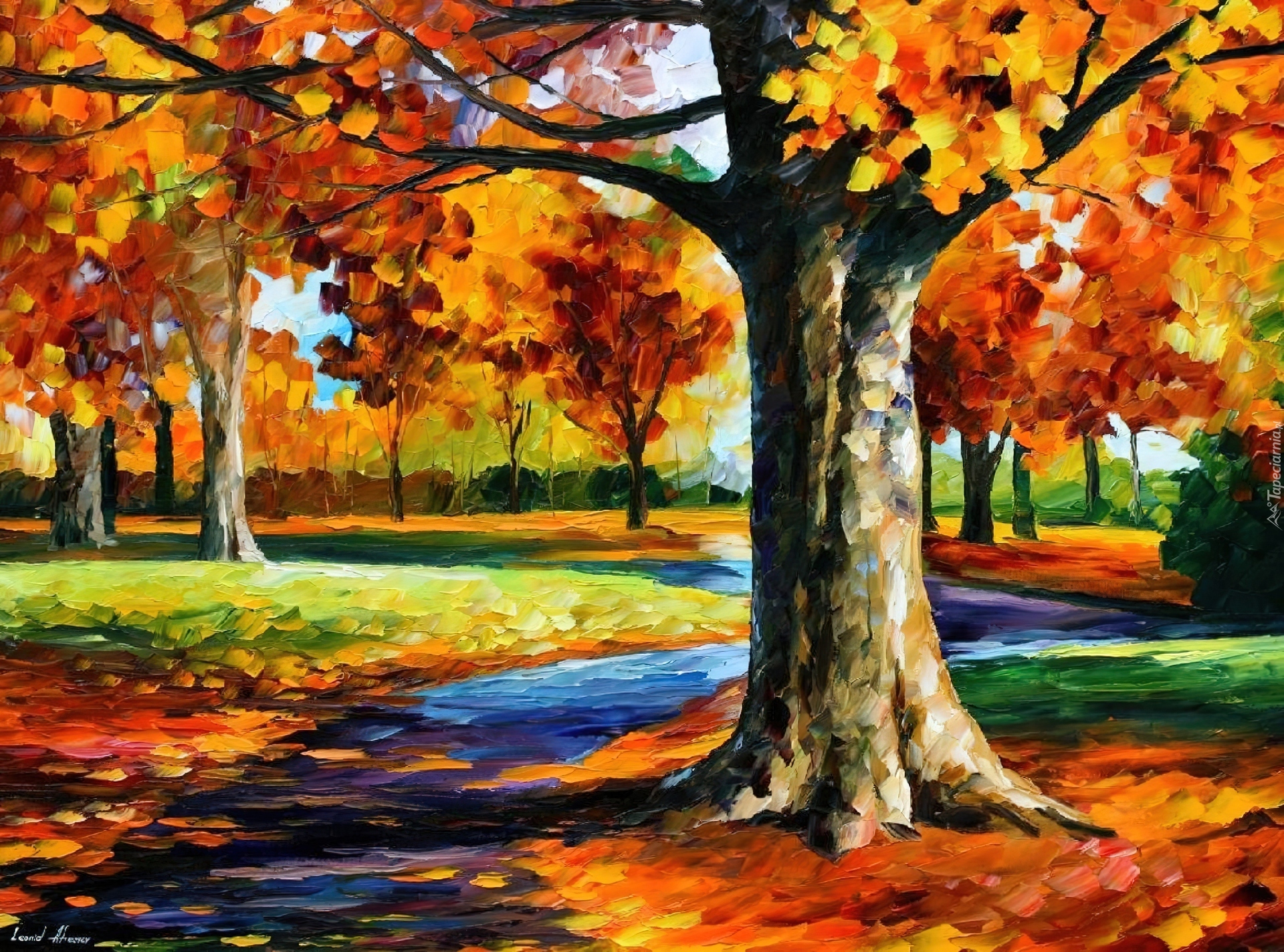 Jesienne, Drzewa, Park, Leonid Afremov