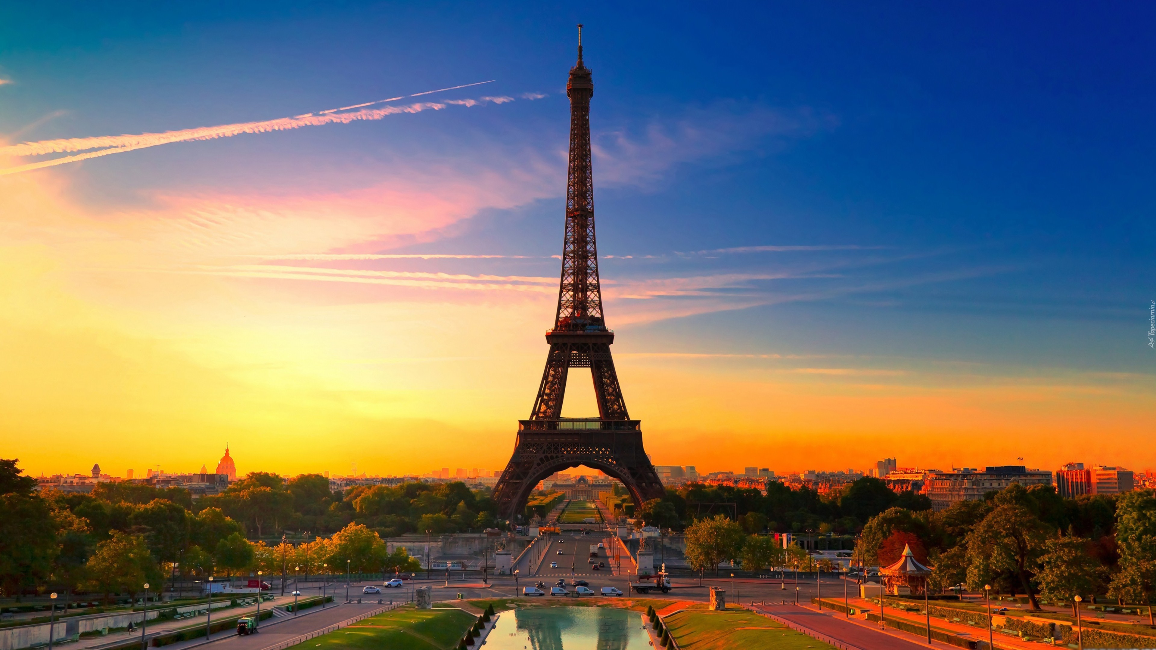 Francja, Paryż, Zachód, Słońca, Wieża Eiffla