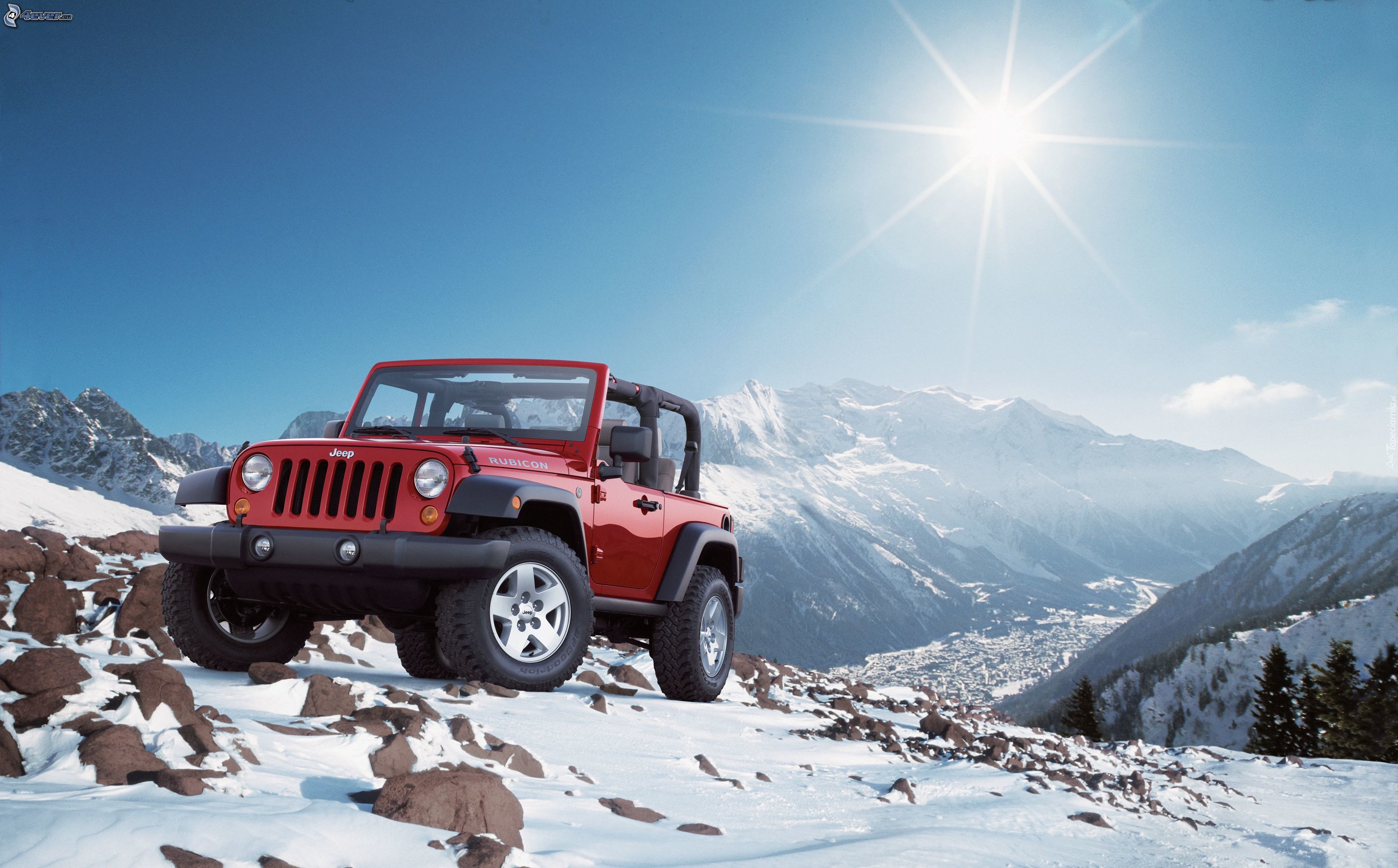 Jeep, Góry, Śnieg, Słońce
