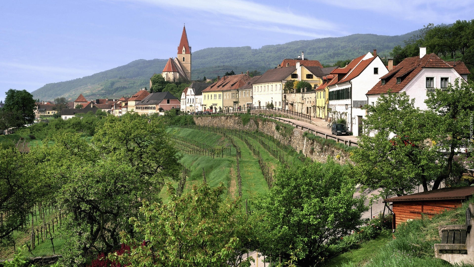 Kościół, Domy, Drzewa, Trawy, Austria