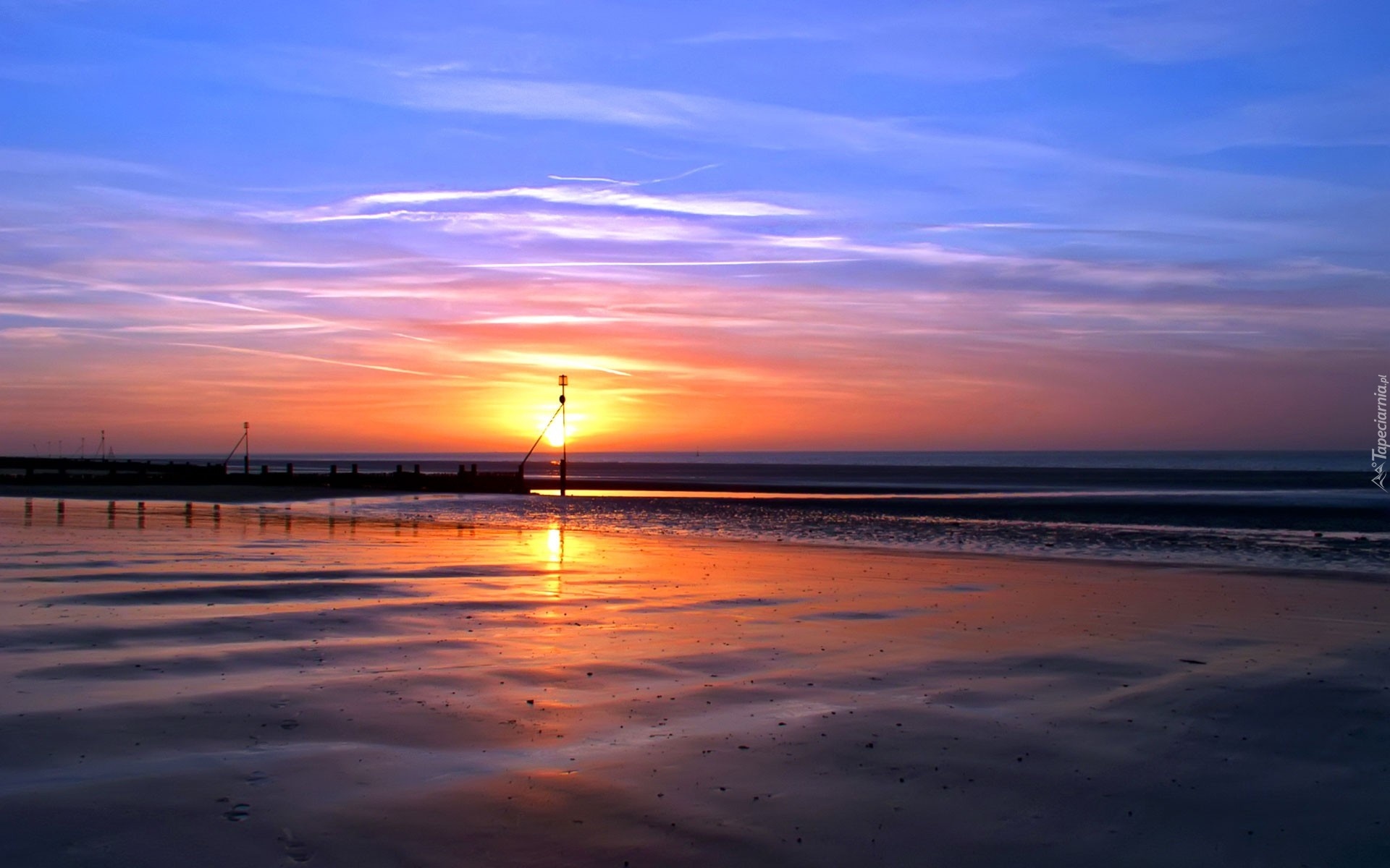 Morze, Plaża, Zachód, Słońca