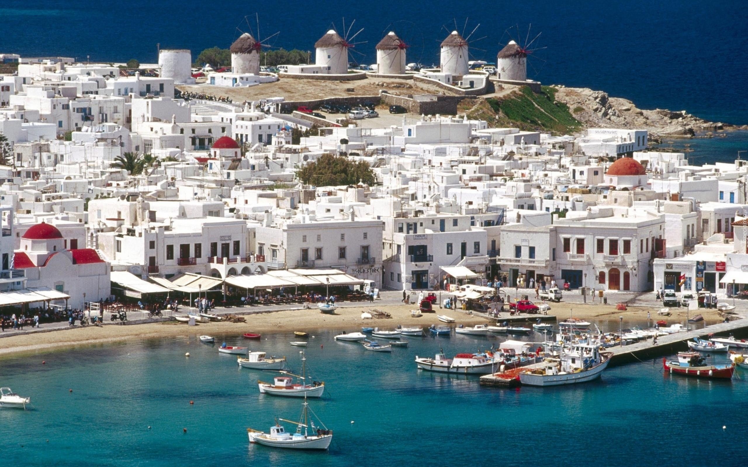 Plaża, Mykonos, Grecja, Wiatraki