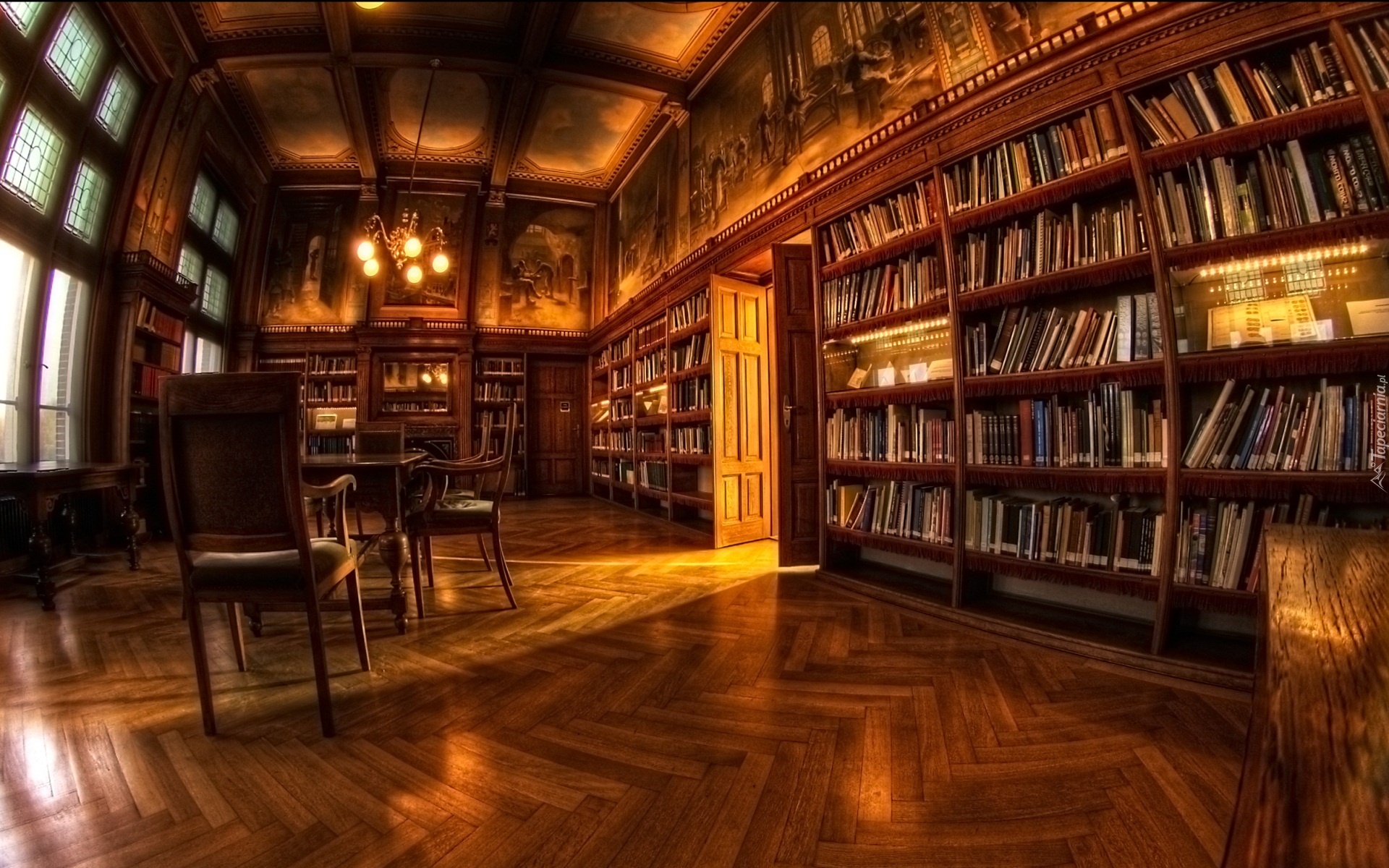 Biblioteka, Szafa, Książki, Krzesła, Stolik
