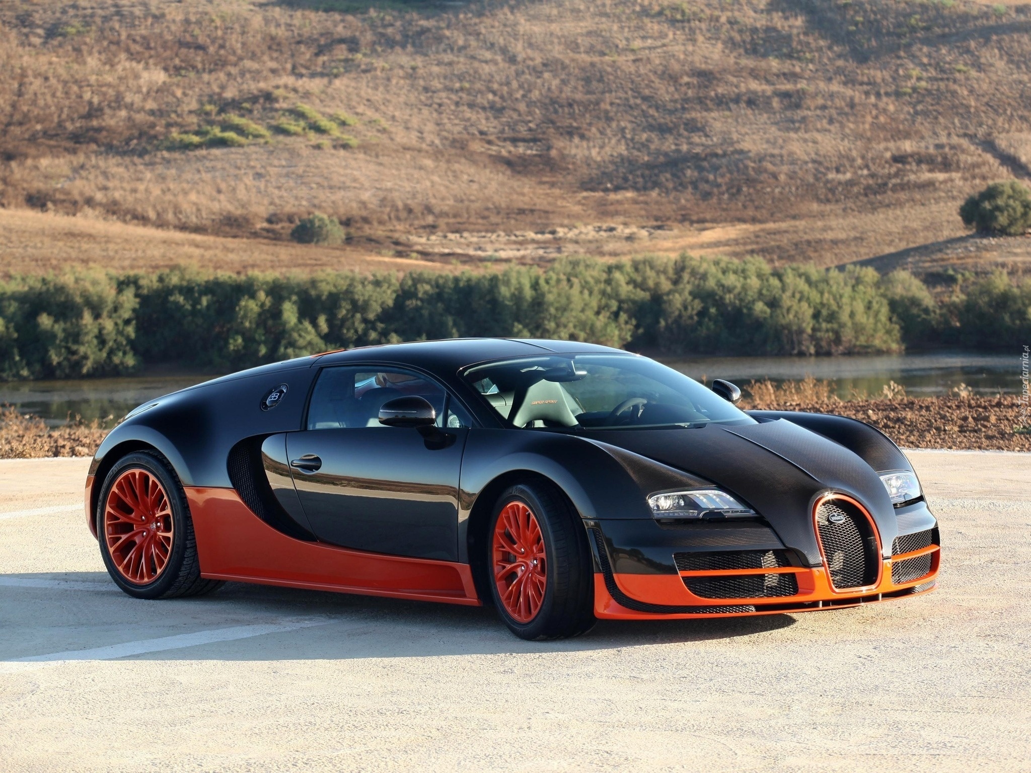 Bugatti Veyron Super Sport, Rzeka, Drzewa, Zbocze