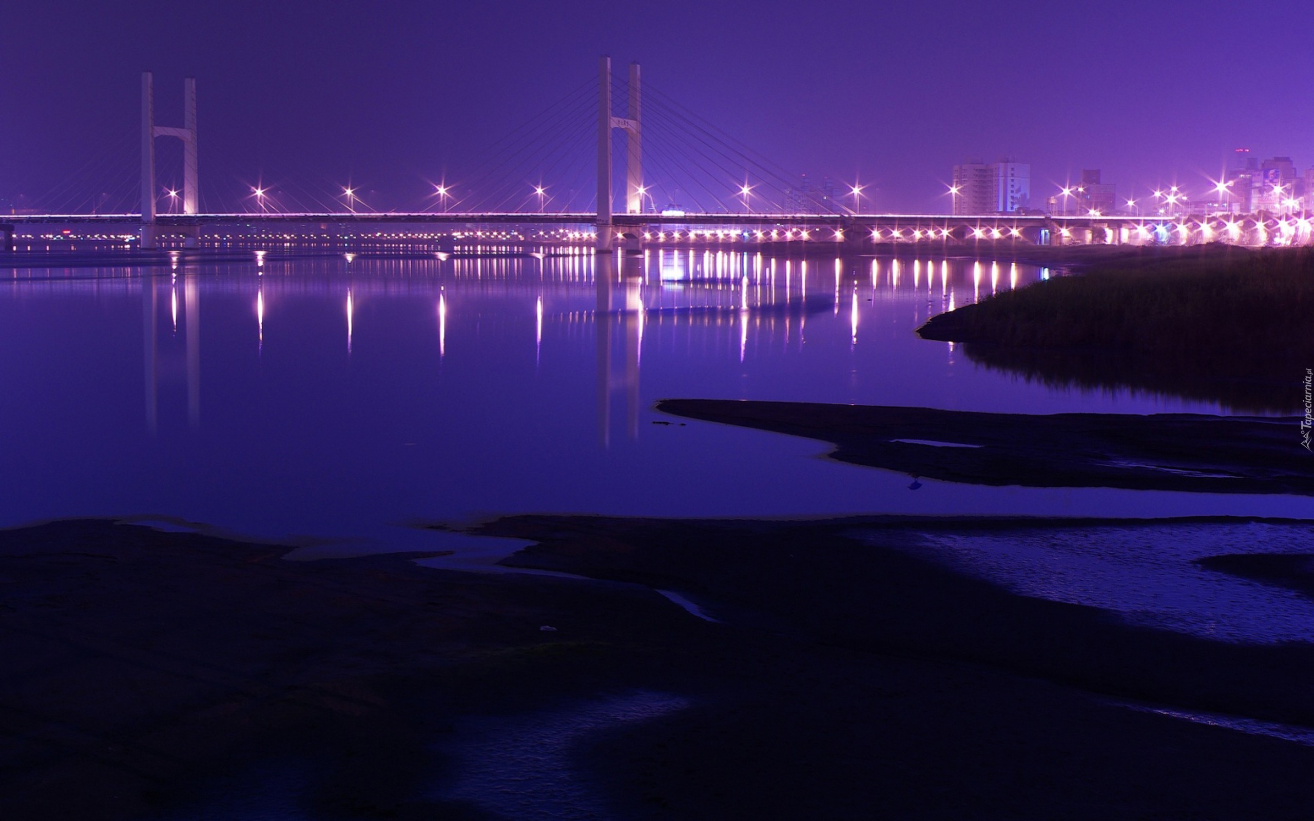 Rzeka, Oświetlony, Most, Noc