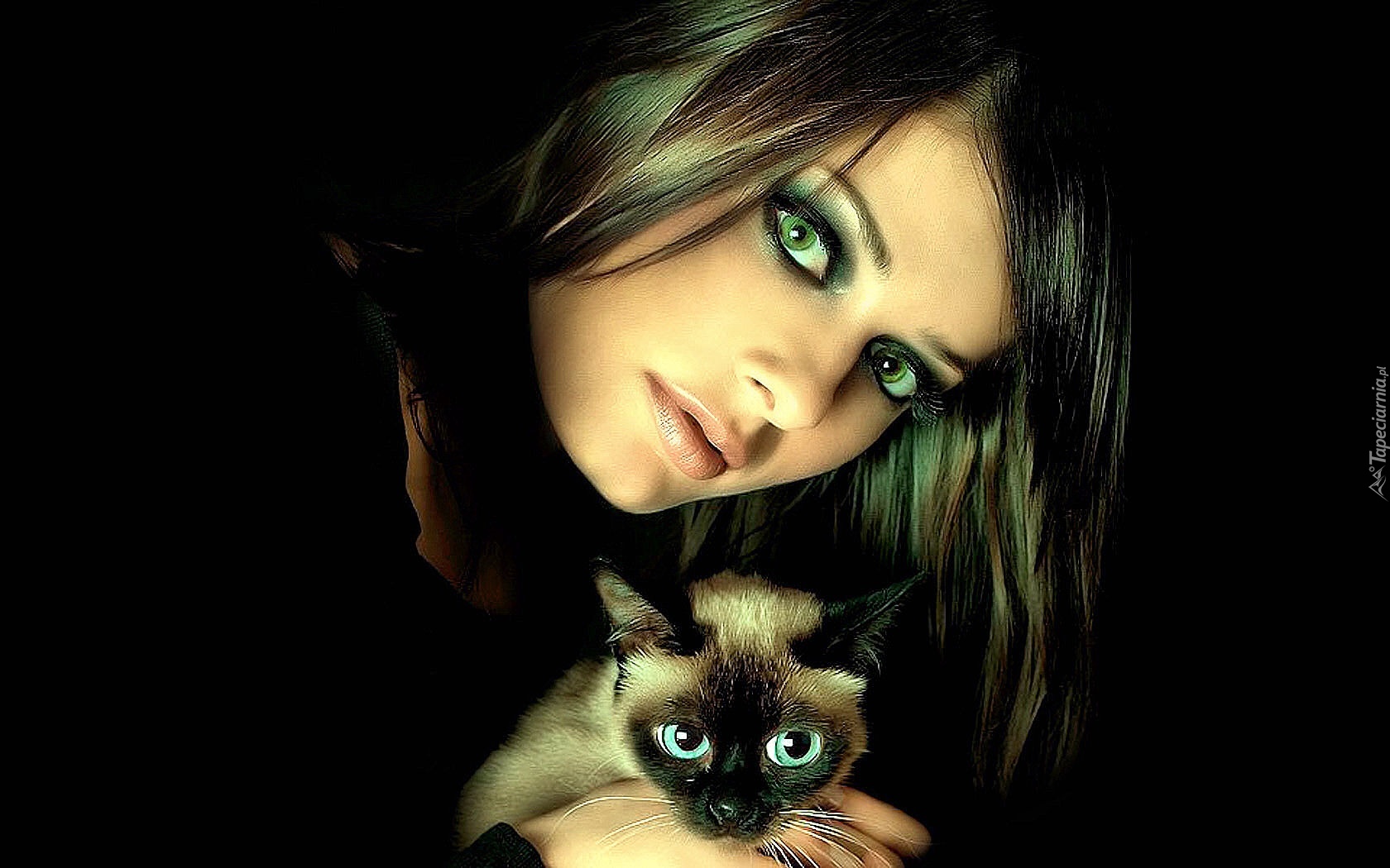 Dziewczyna, Kot, Zielone, Oczy