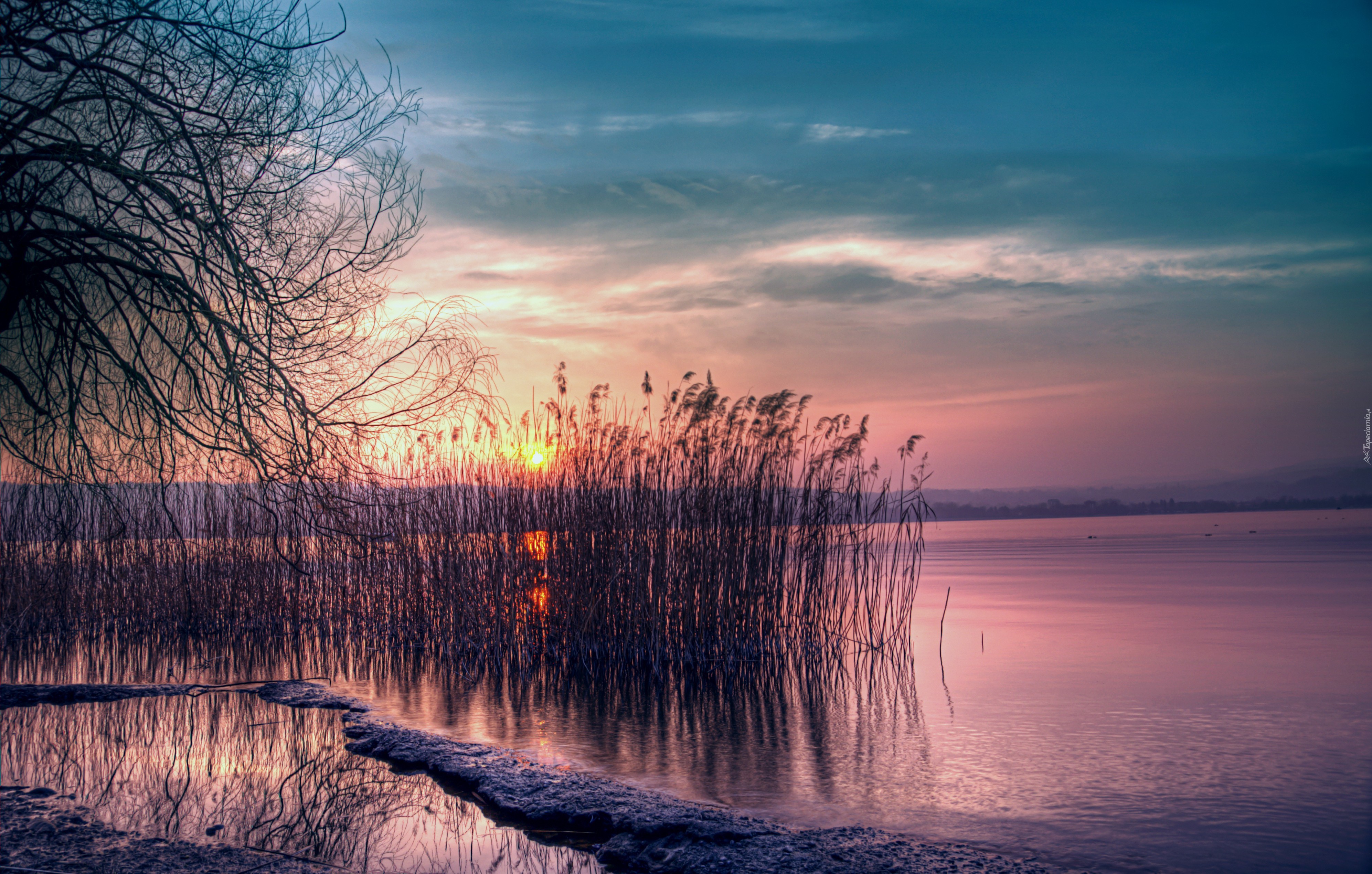 Jezioro, Zachód, Słońca