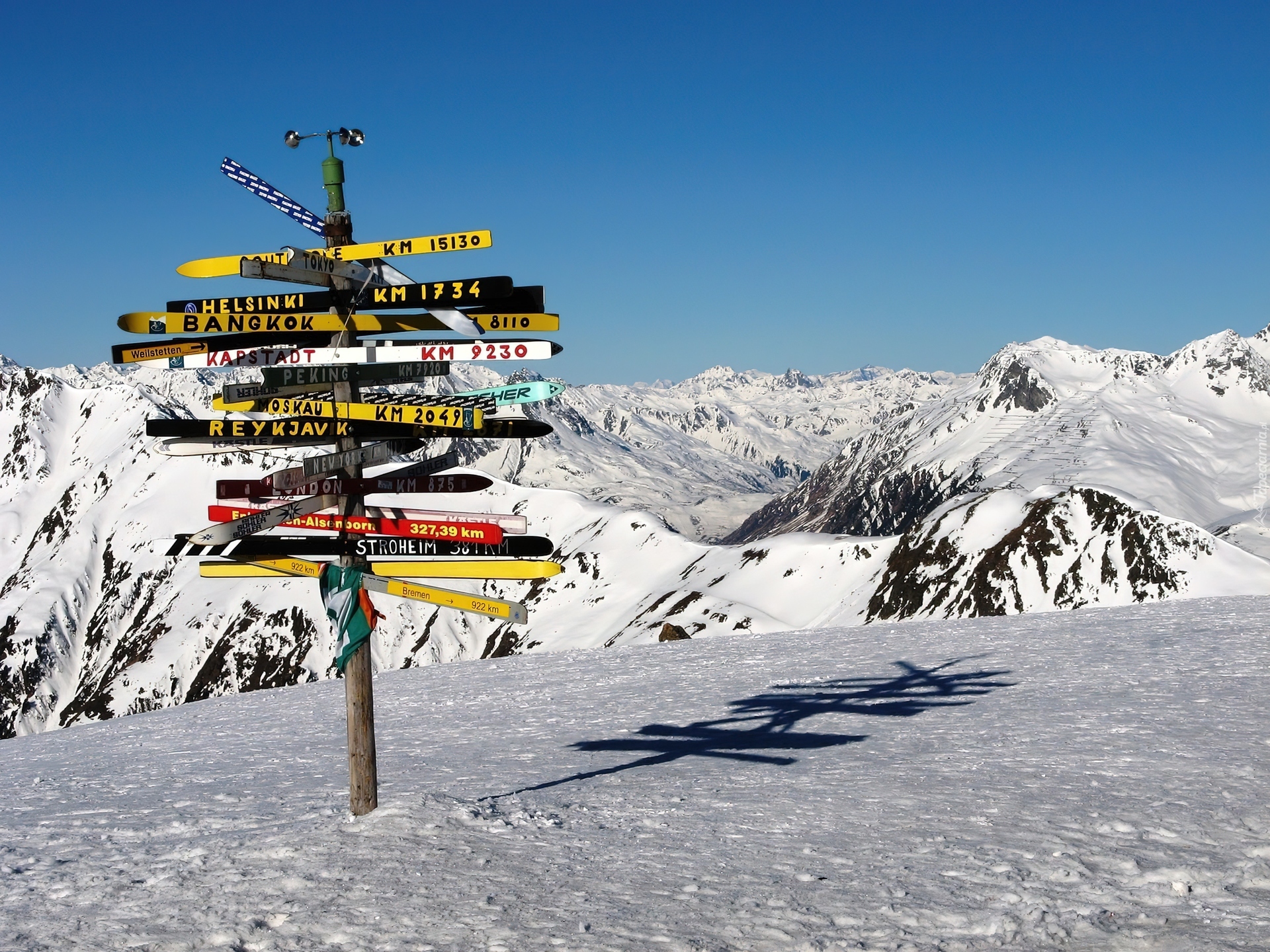 Austria, Tyrol, Góry, Drogowskazy, Śnieg