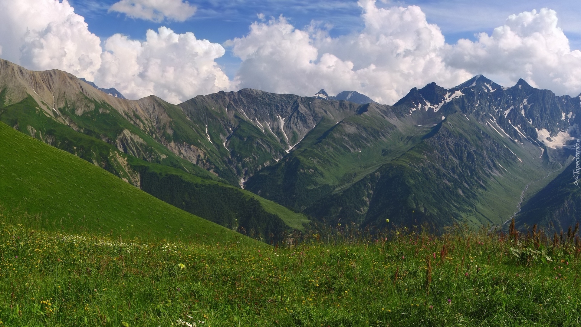 Chmury, Góry, Śnieg, Łąka, Trawa