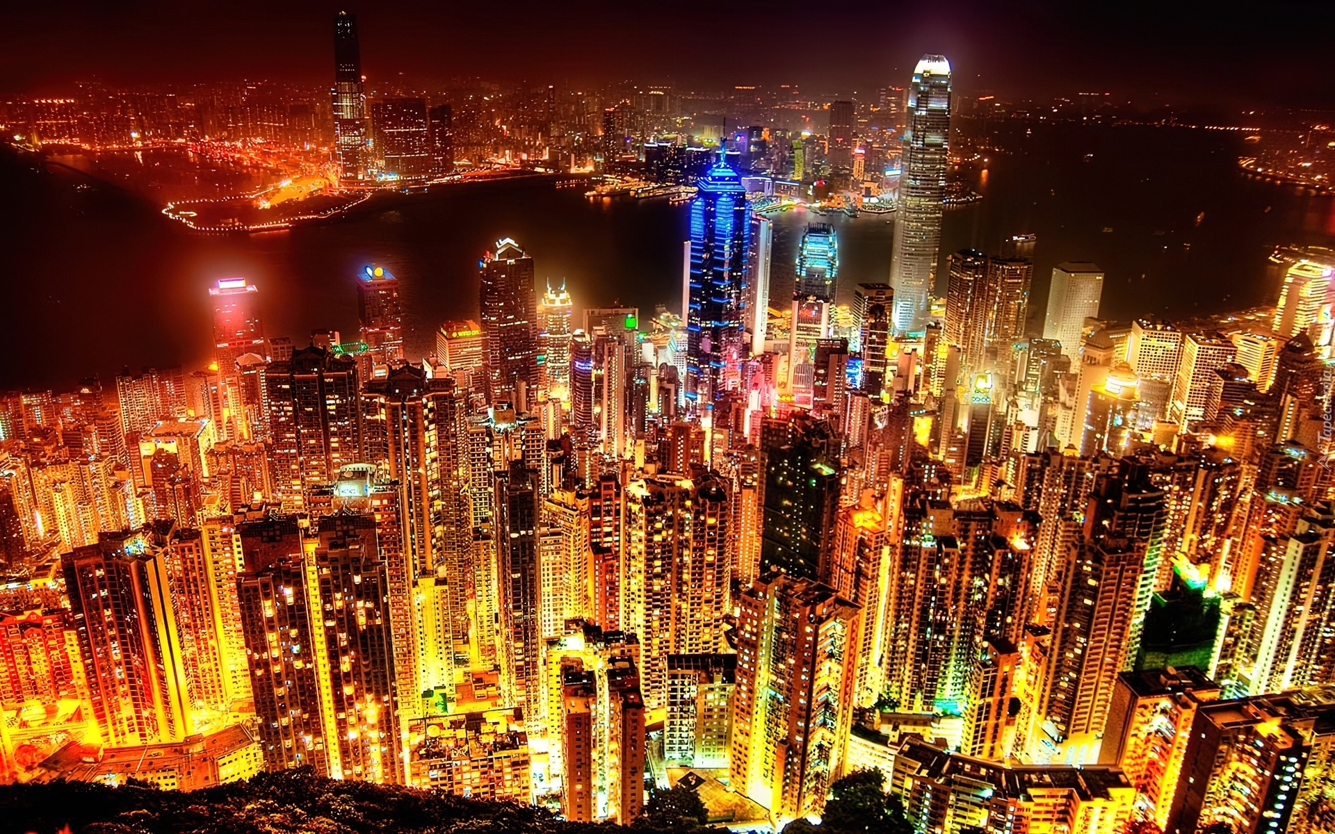 Hong Kong, Noc, Światła, Wieżowce