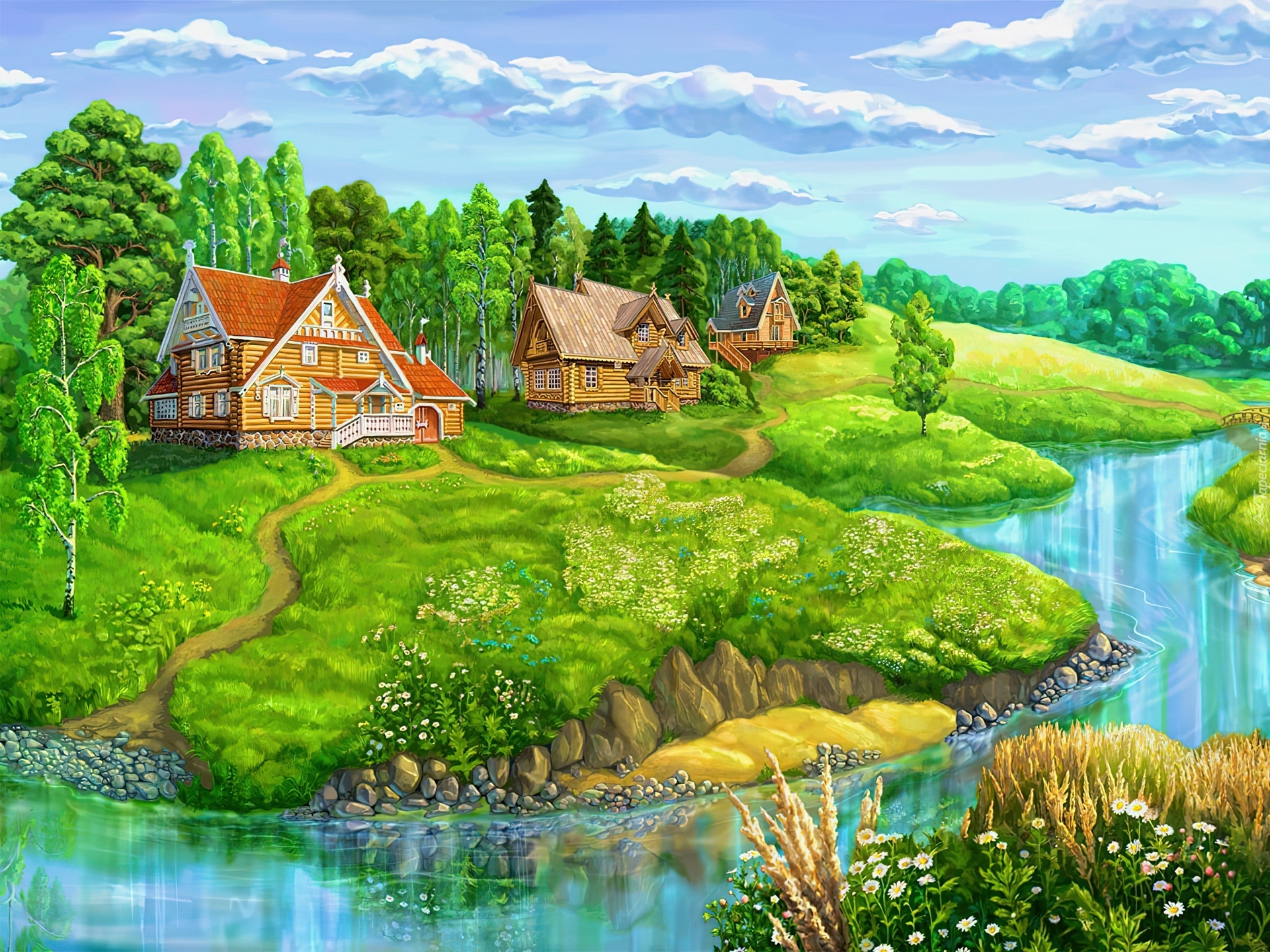 Рисунок леса реки. Деревня рисунок. Сказочная деревня. Летний пейзаж с домиком. Сказочная природа.