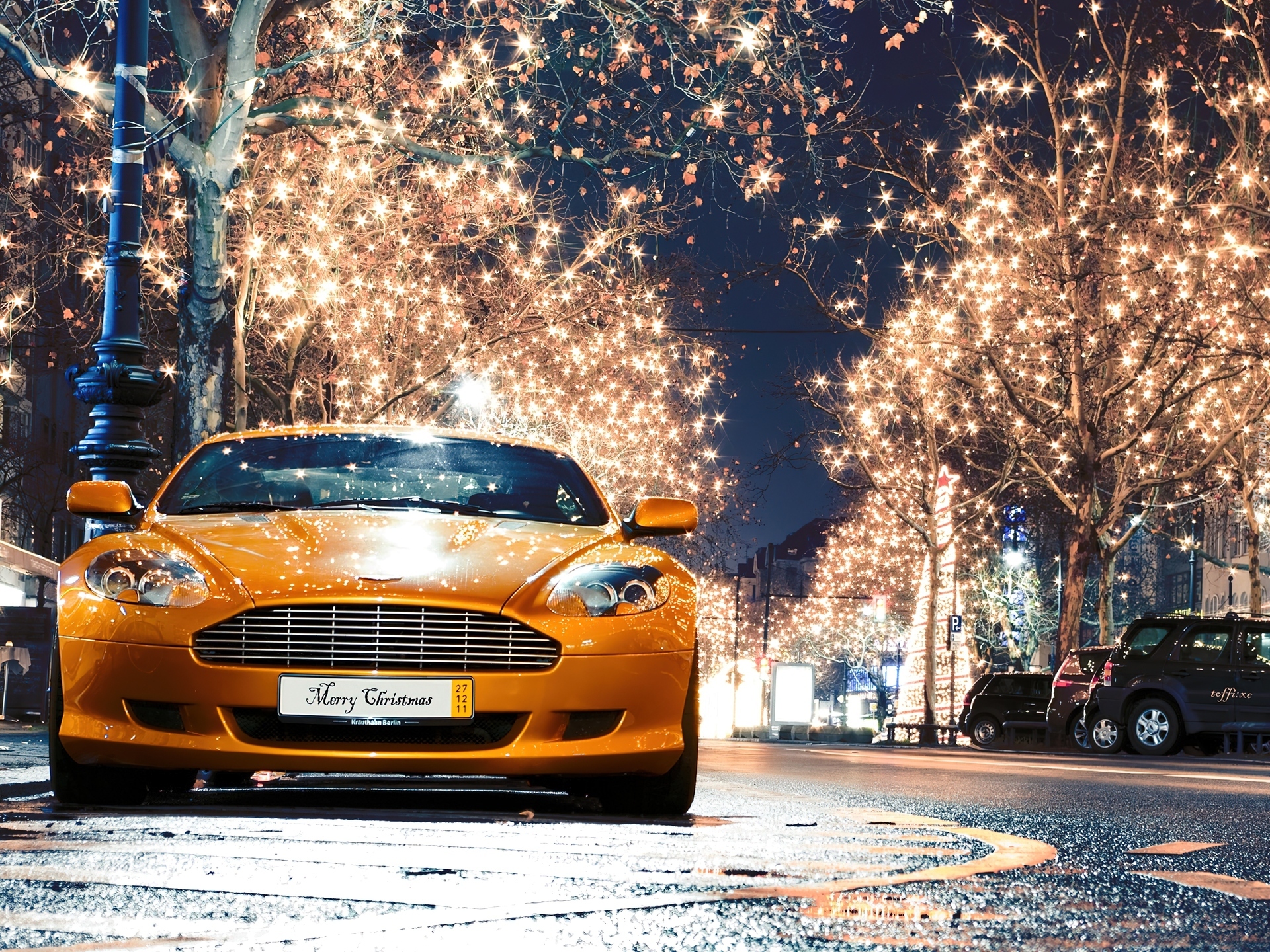 Aston Martin, DB9, Oświetlone, Drzewa