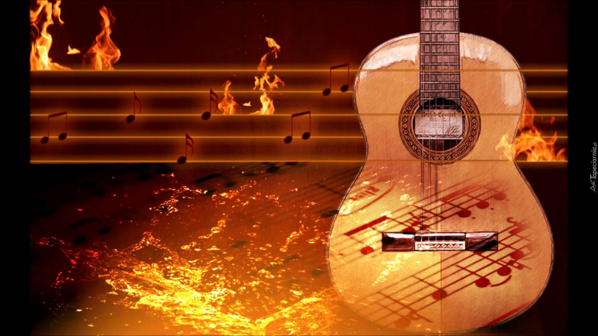 Gitara, Pięciolinia, Nuty, Ogień