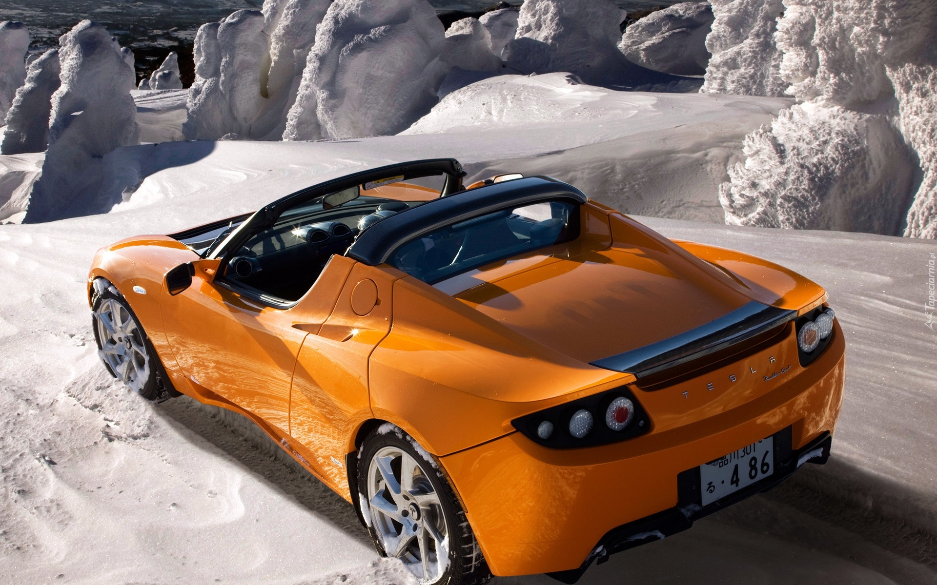 Pomarańczowy, Tesla Roadster Sport, Śnieg