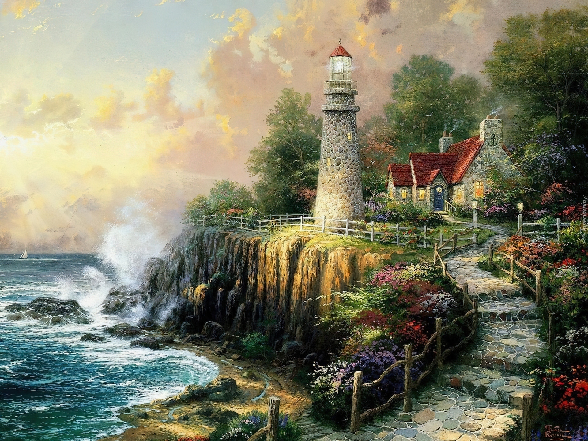 Wybrzeże, Morze, Latarnia morska, Ścieżka, Thomas Kinkade