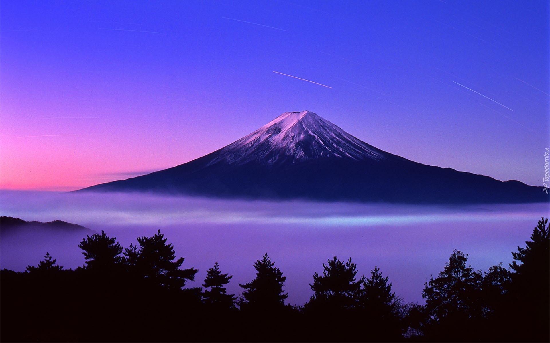 Wulkan, Fudżi, Chmury, Drzewa