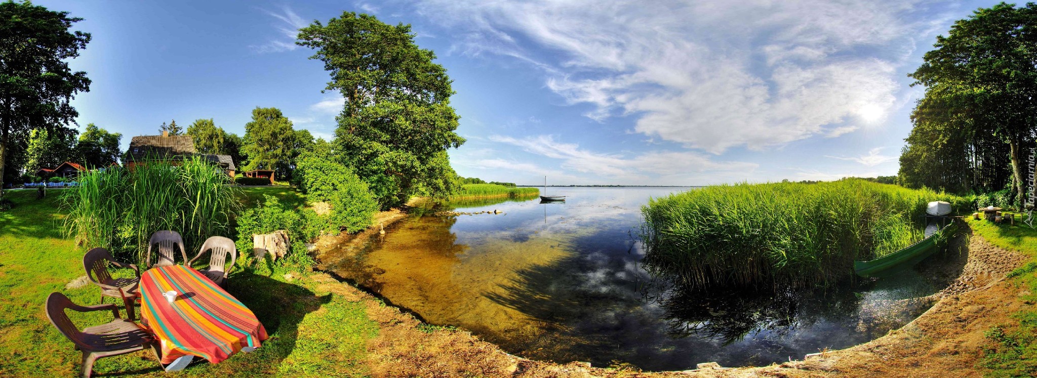 Jezioro, Drzewa, Stół, Stołki