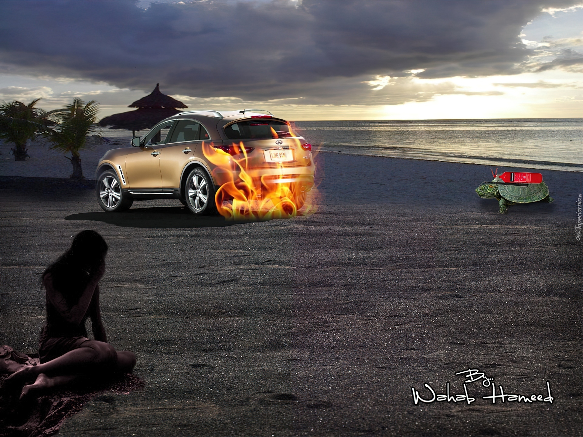Samochód, Ogień, Morze, Plaża