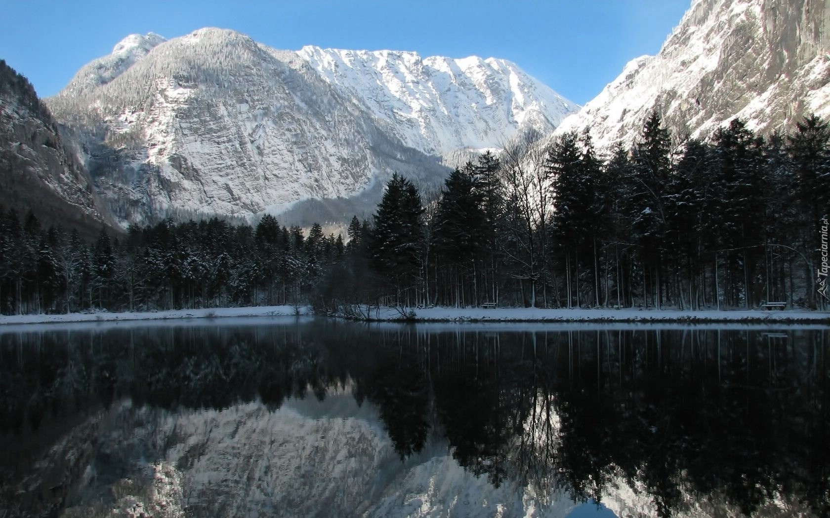 Góry, Śnieg, Jezioro, Las