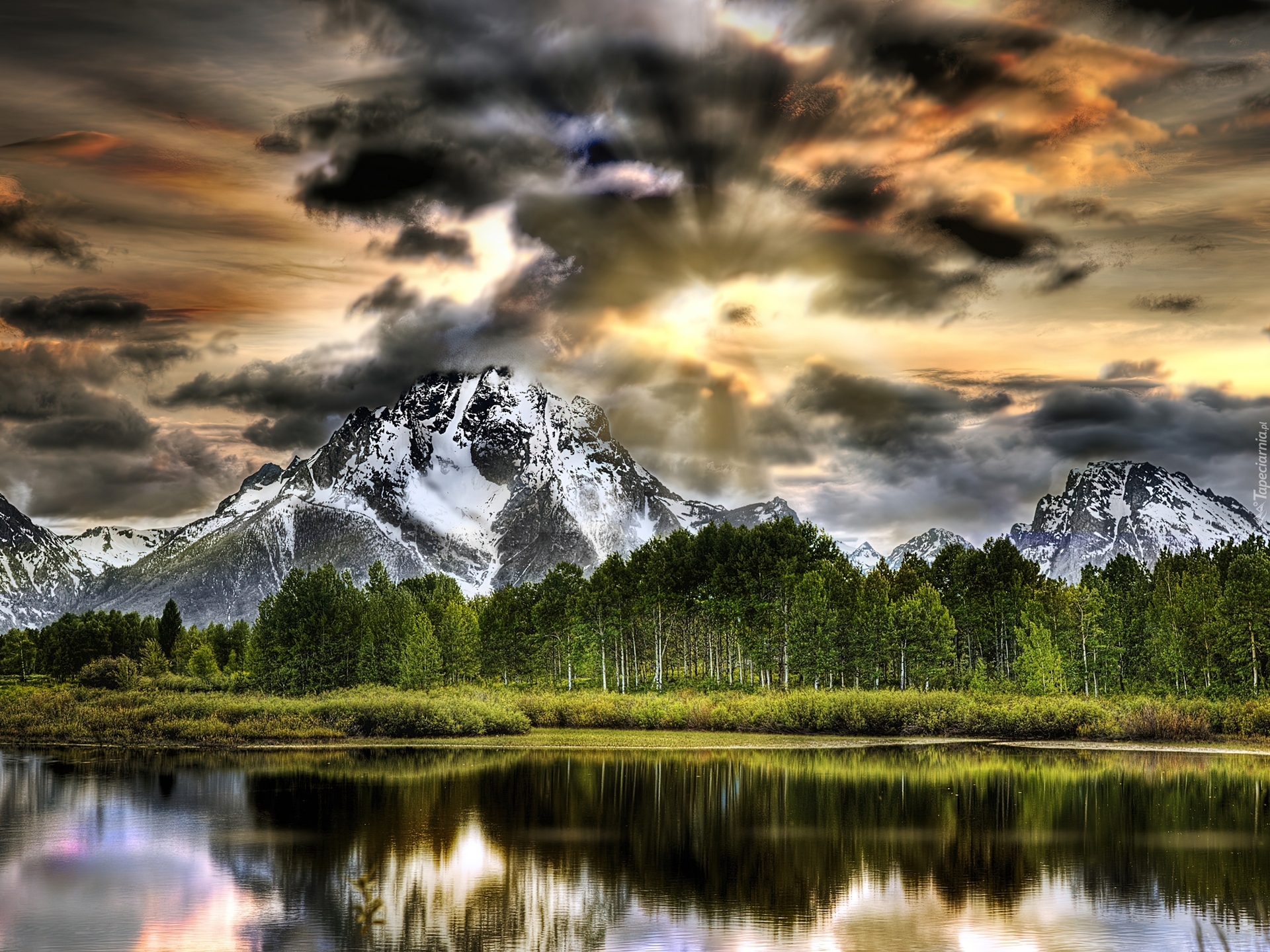 Stany Zjednoczone, Stan Wyoming, Park Narodowy Grand Teton, Góry, Las, Jezioro