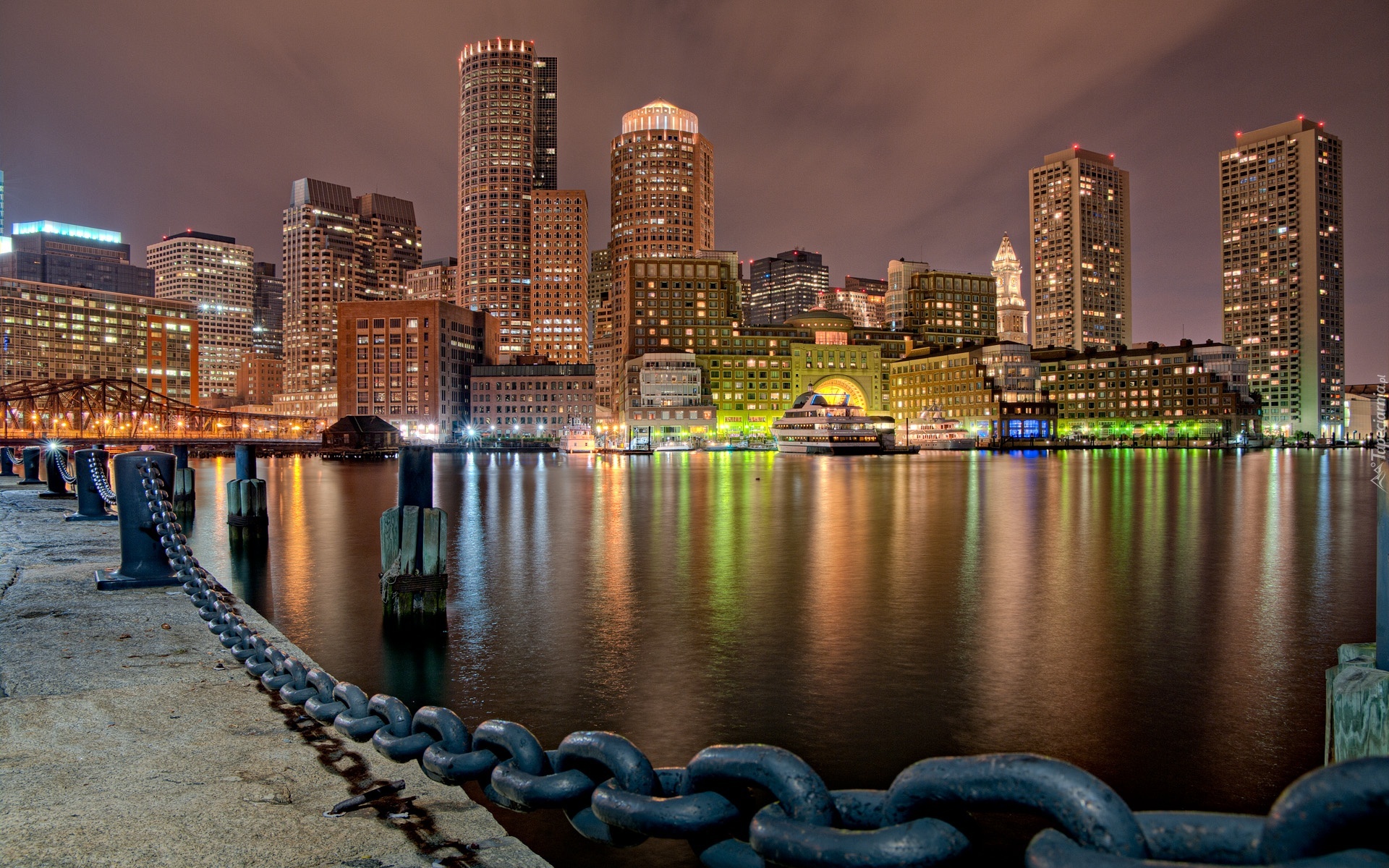 Panorama, Misto, Port, Noc, Światła, Boston