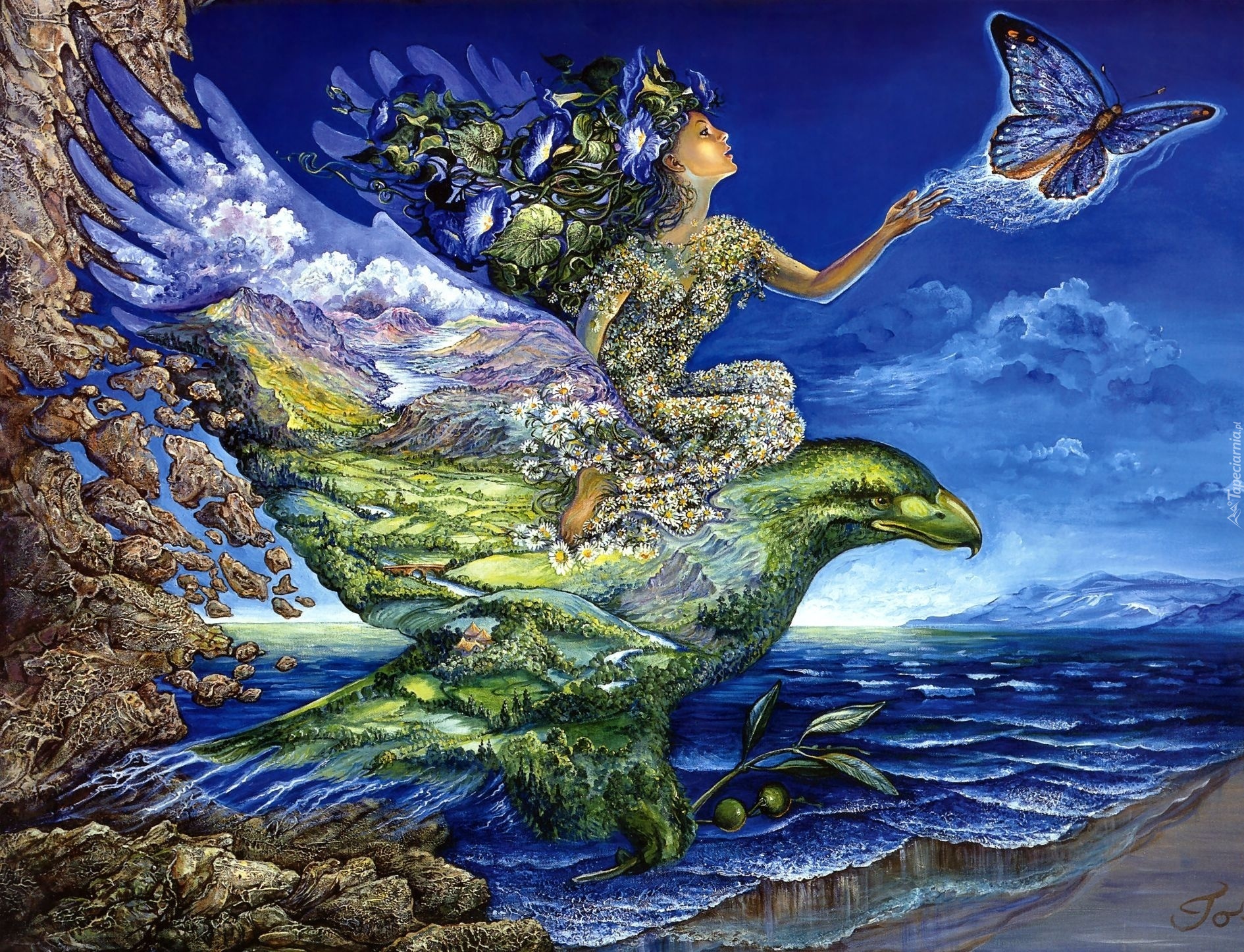 Kobieta, Ptak, Morze, Motyl
