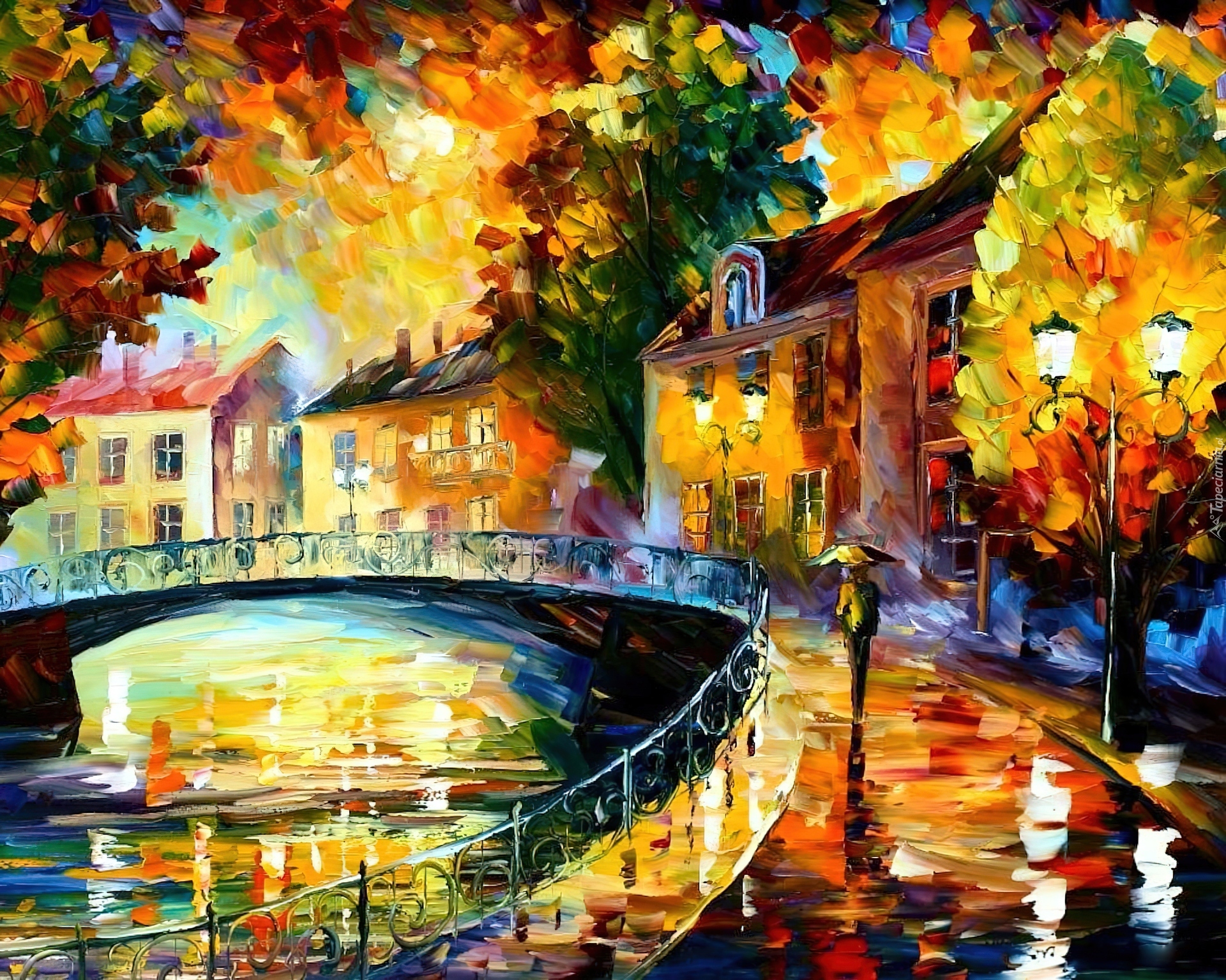 Jesień, Ulica, Obraz, Leonid Afremov