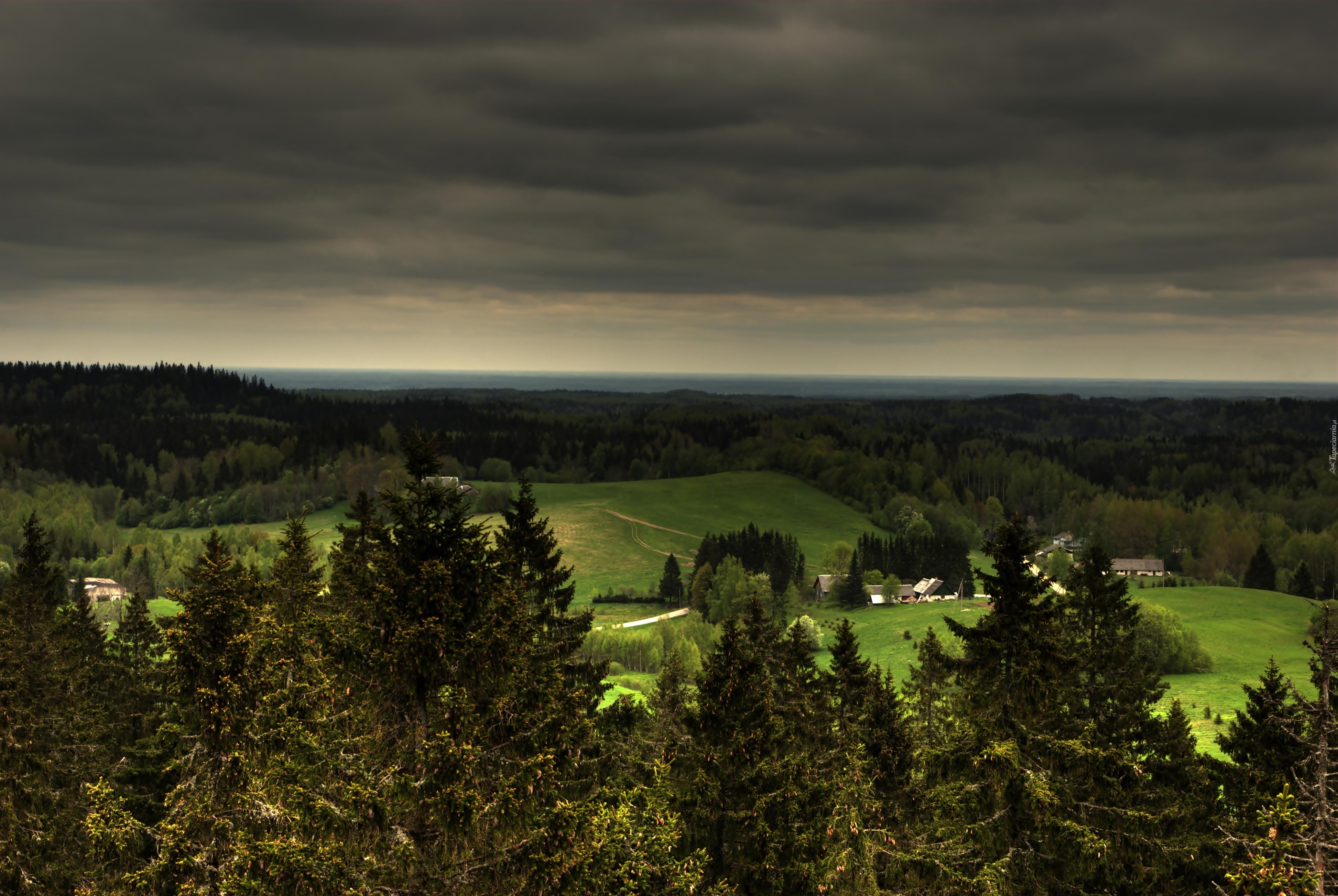 Panorama, Las, Łąka, Wieś, Chmury