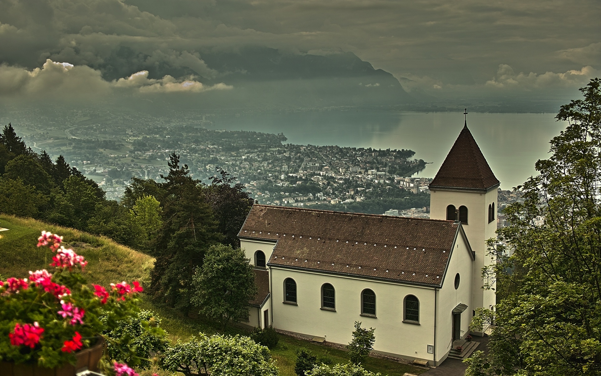 Kościół, Zbocze, Panorama, Miasteczko, Ciemne, Niebo