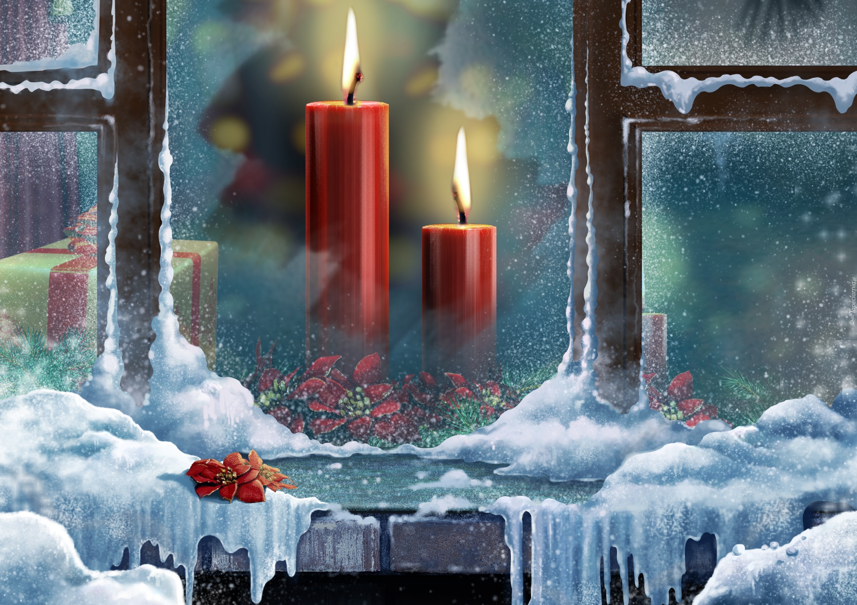 Okno, Świece, Śnieg, Boże Narodzenie, Grafika 2D