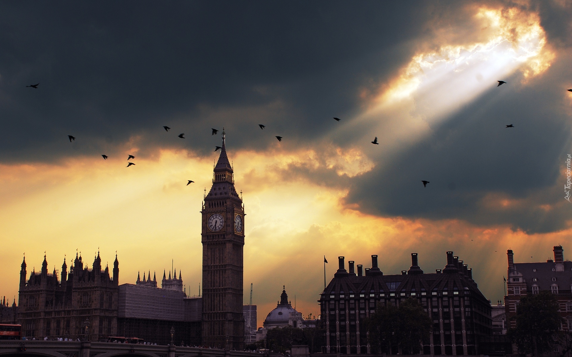 Big Ben, Londyn, Zachód Słońca, Promienie