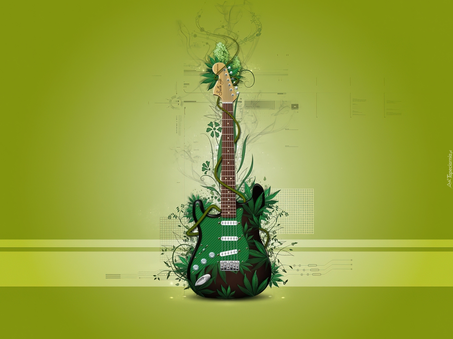 Gitara, Zielone, Liście, Rośliny, Grafika