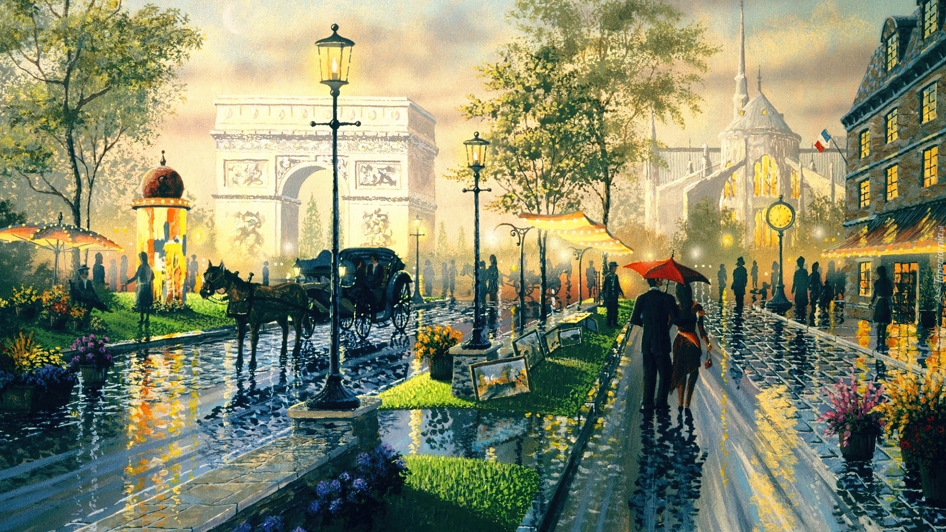 Obraz, Paryż, Łuk Triumfalny, Ulica, Deszcz
