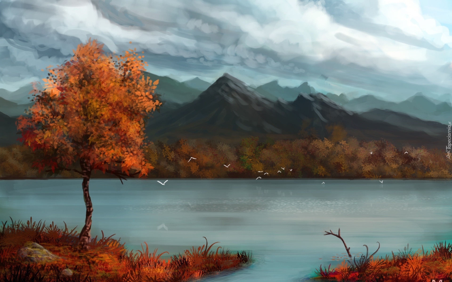 Jezioro, Góry, Drzewo, Jesień