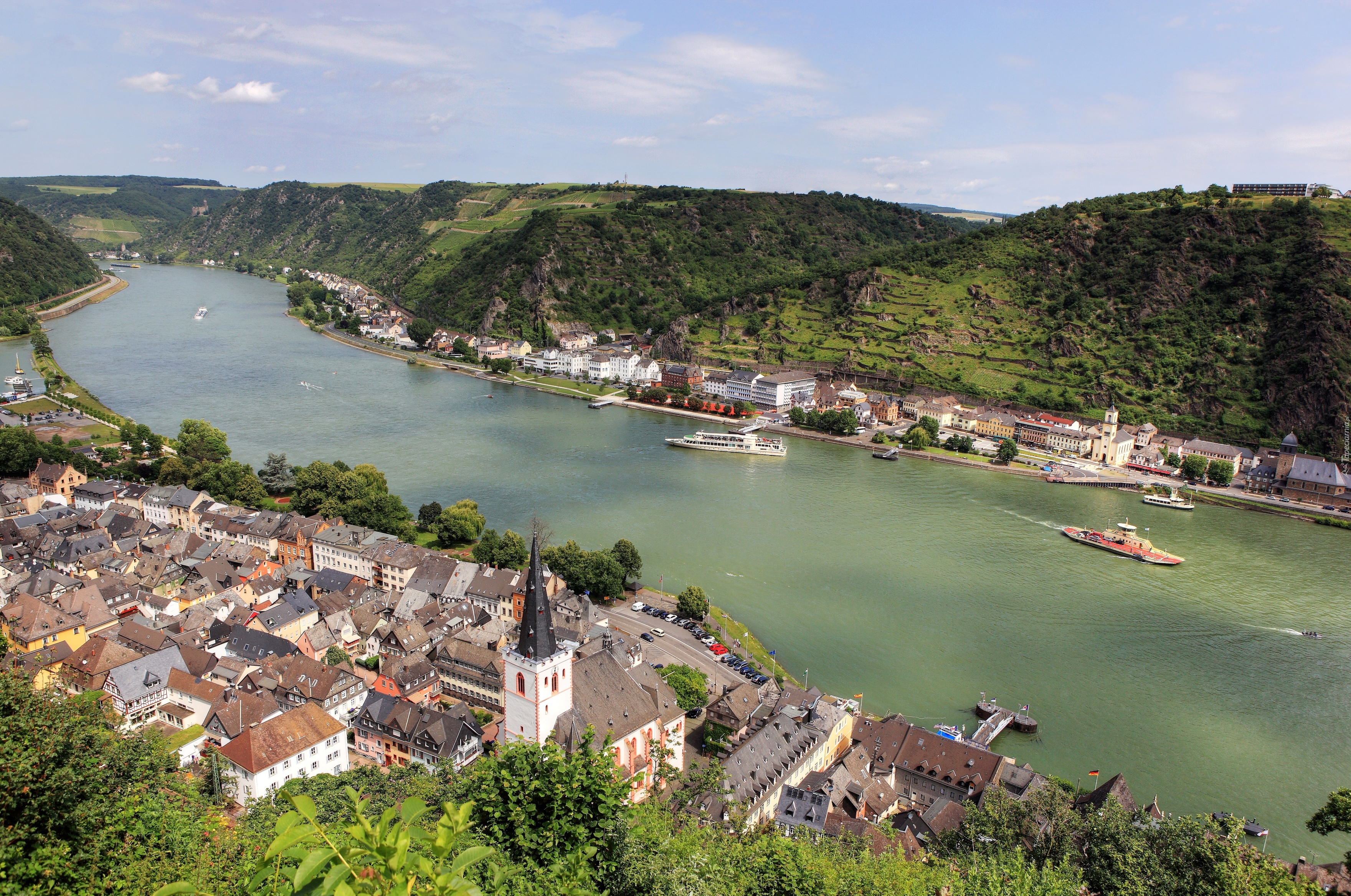 Panorama, Miasta, Rhineland Palatinate, Niemcy, Rzeka