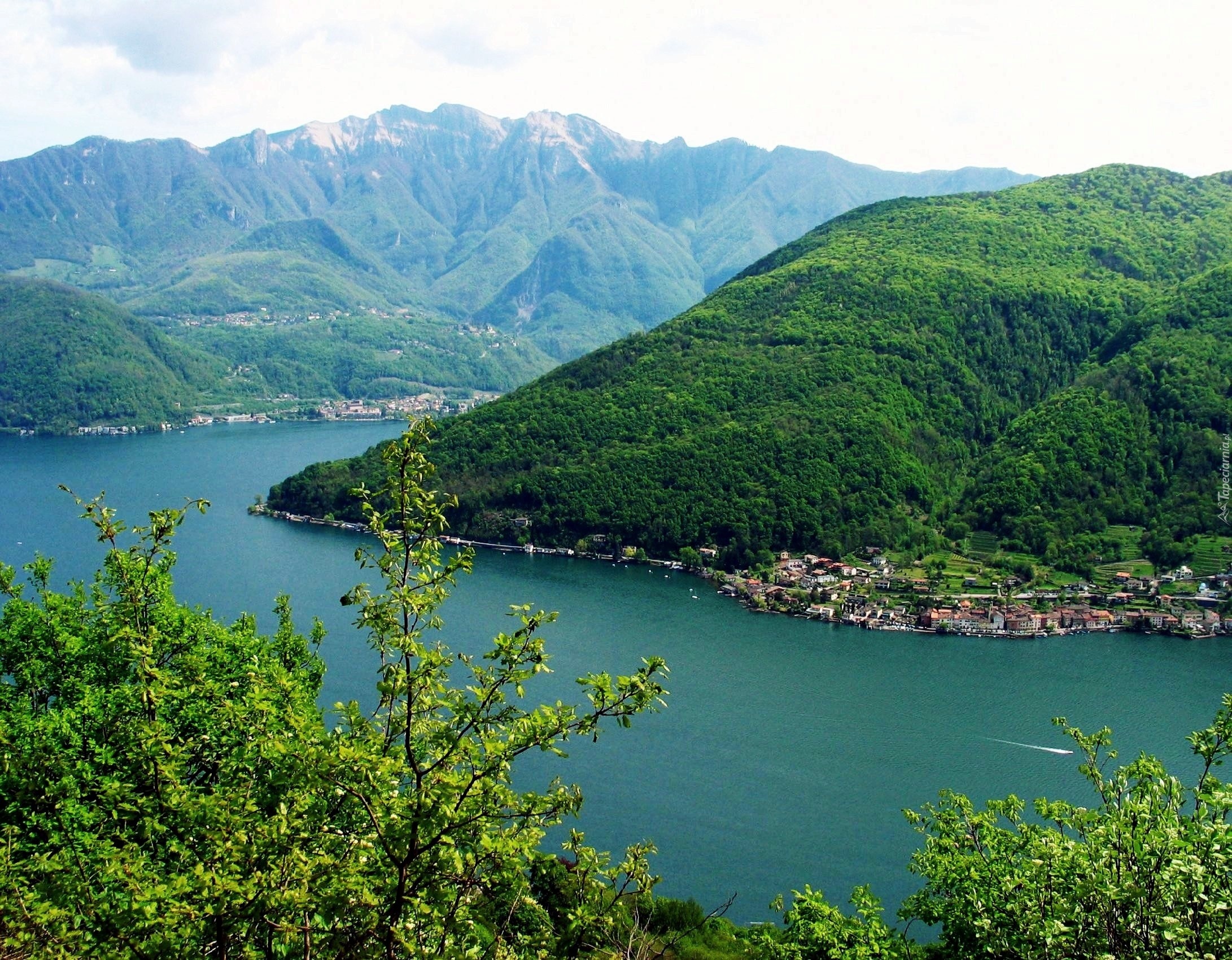 Lago Di Lugano, Szwajcaria, Woda, Drzewa, Góry