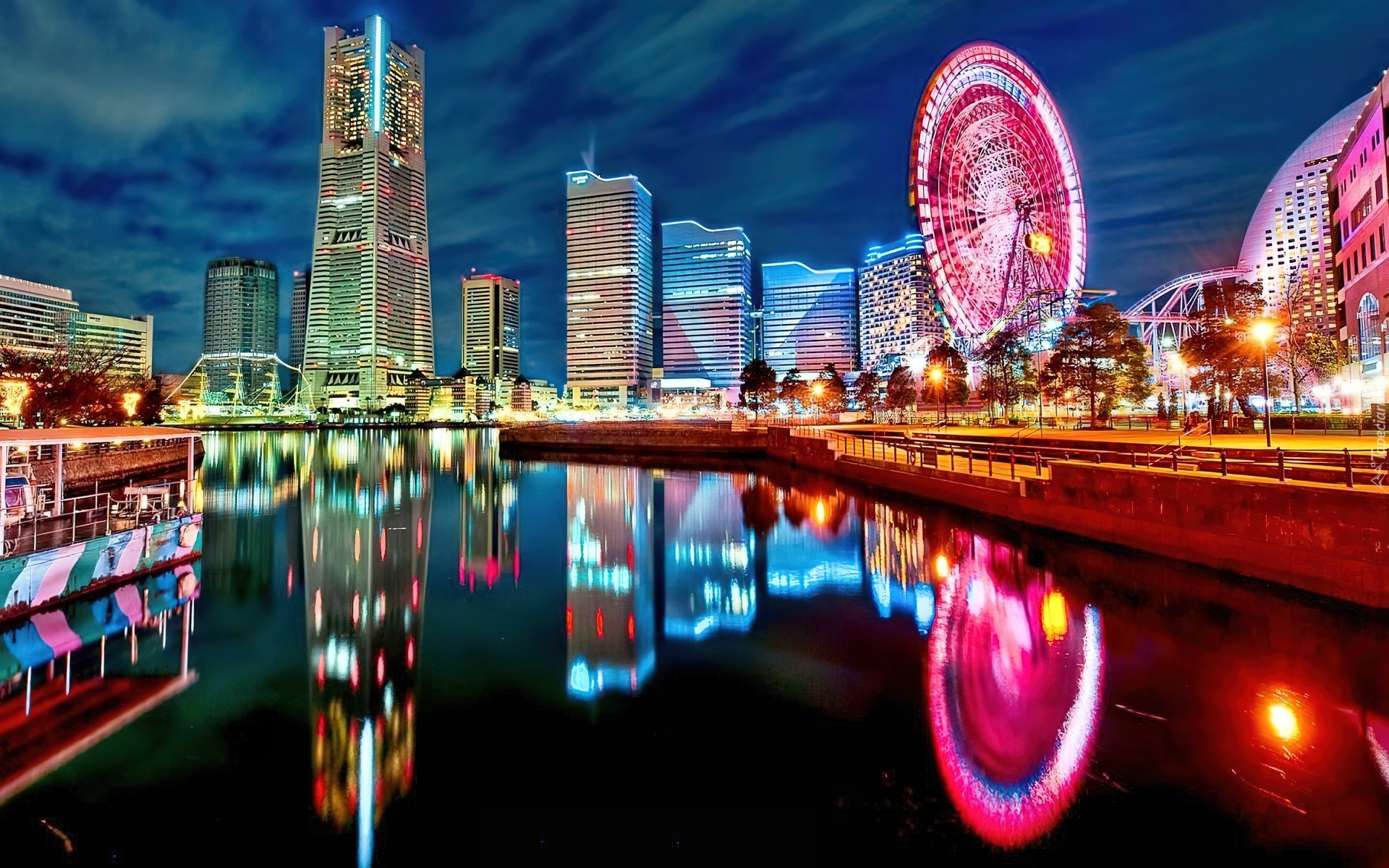 Miasto, Noc, Światła, Diabelski, Młyn, Yokohama