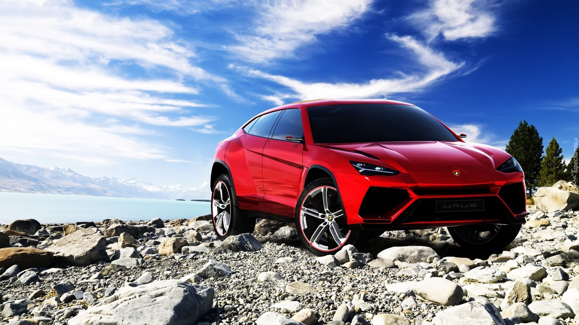 Rzeka, Kamienie, Niebo, Czerwony, Lamborghini Urus