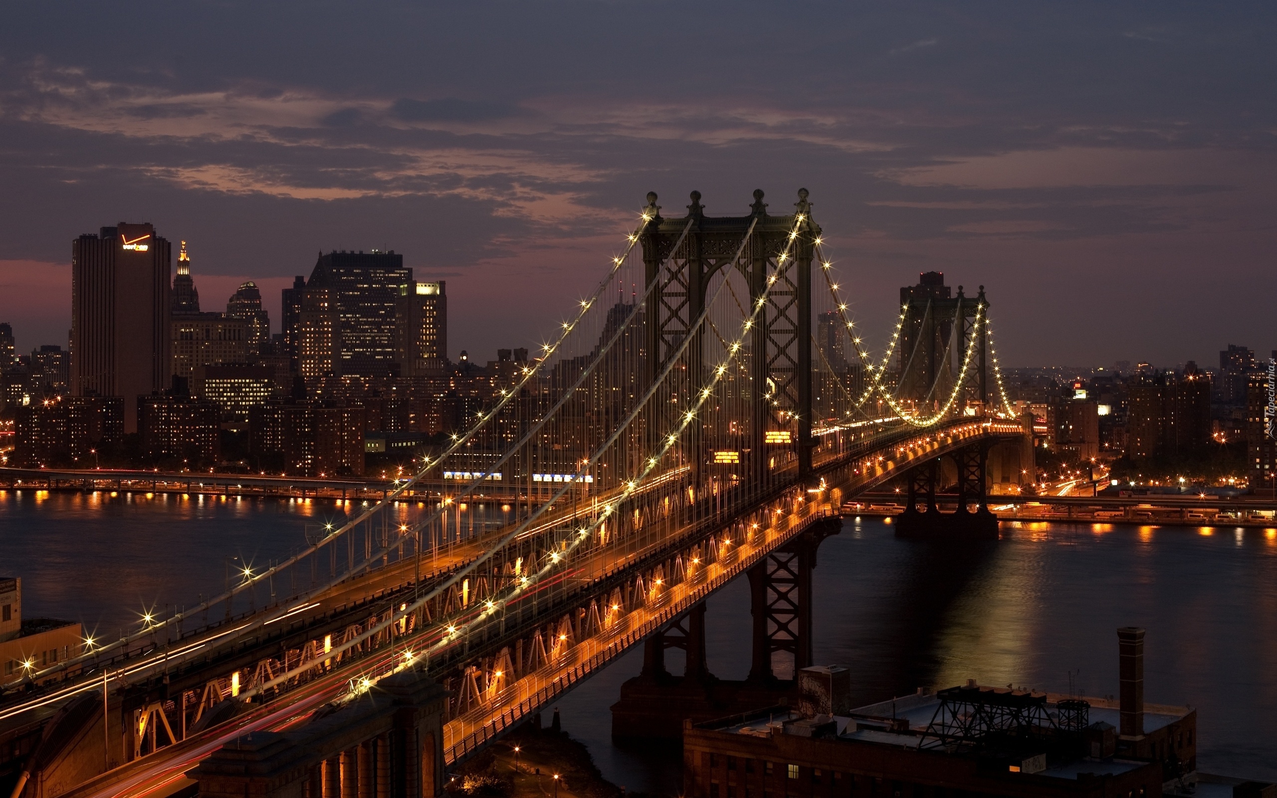 Nowy, York, Most, Brooklyn, Panorama, Miasta, Noc