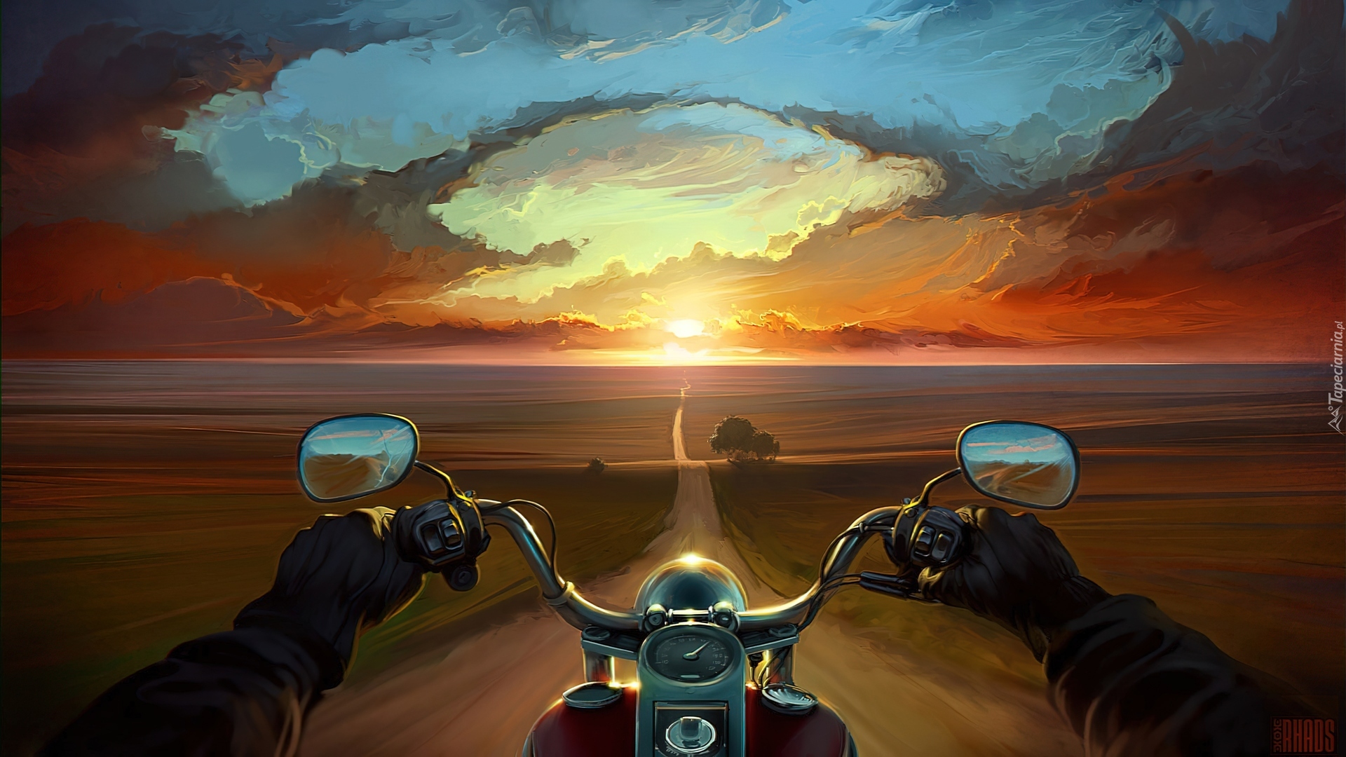 Obraz, Droga, Motocykl, Zachód, Słońca