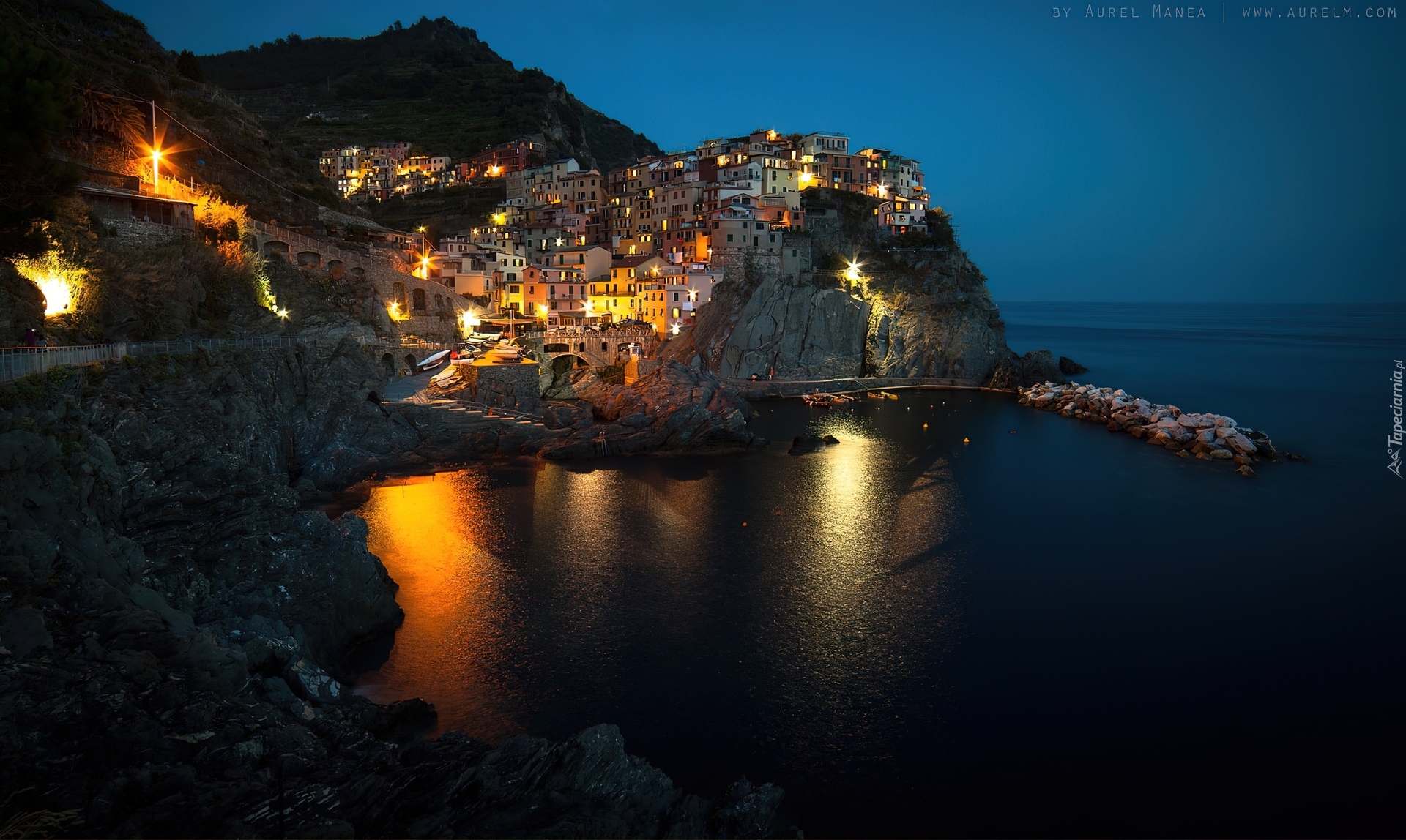 Manarola, Włochy, Wybrzeże, Noc