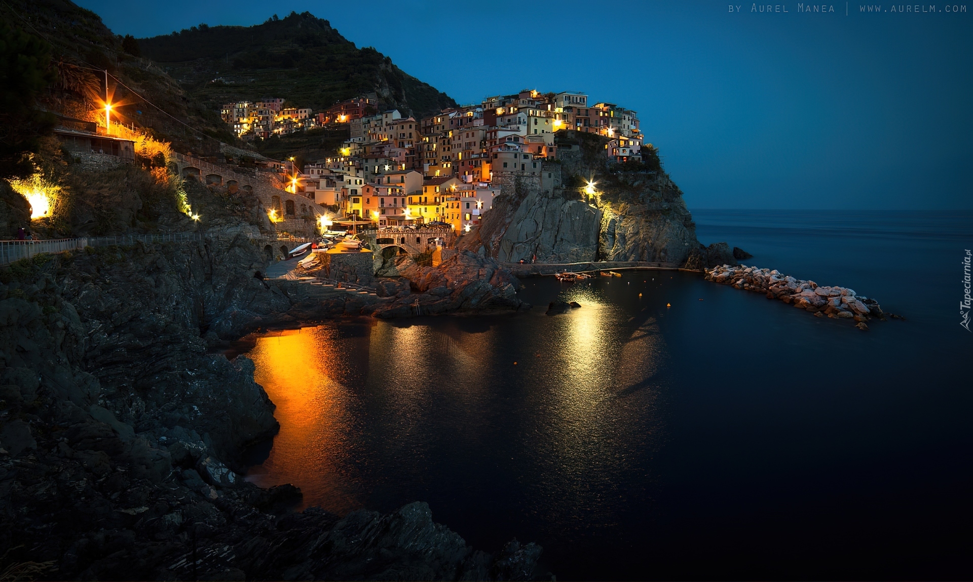 Manarola, Włochy, Wybrzeże, Noc