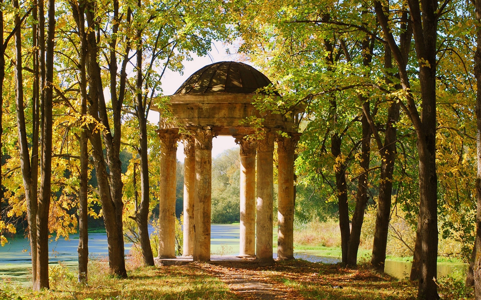 Park, Rzeka, Jesień, Budowla