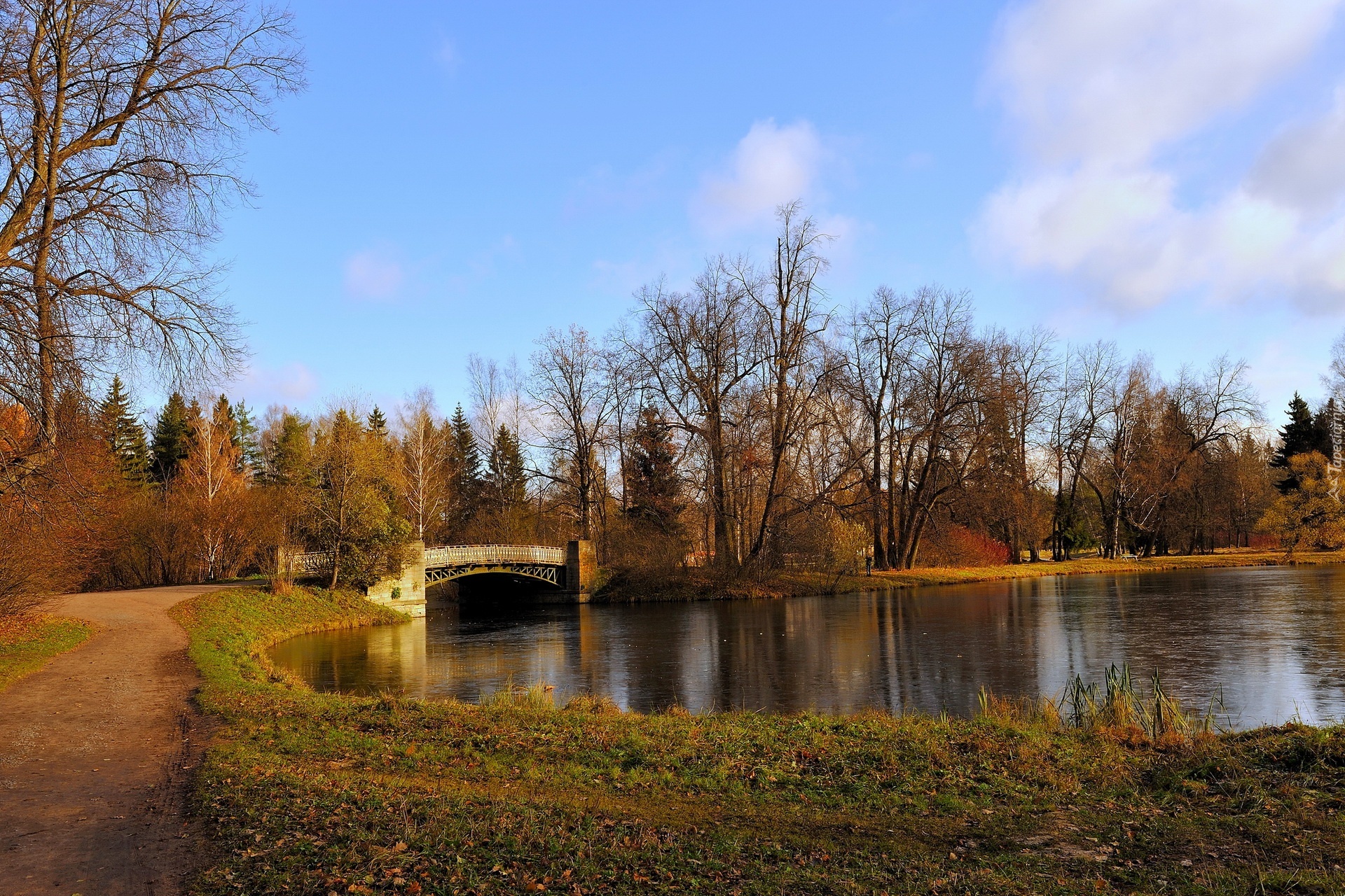 Park, Rzeka, Most, Jesień