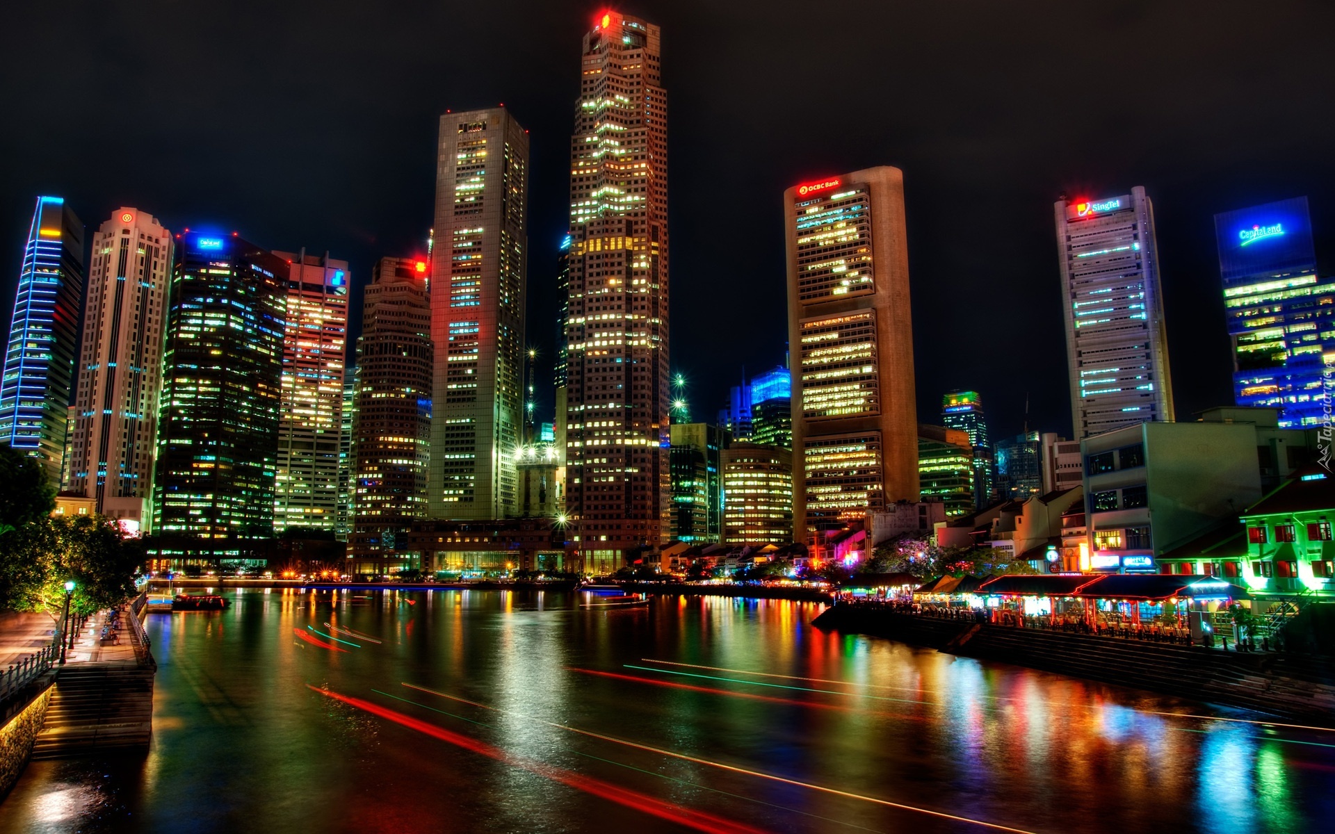 Noc, Widok, Miasta, Wieżowce, Azja, Singapur